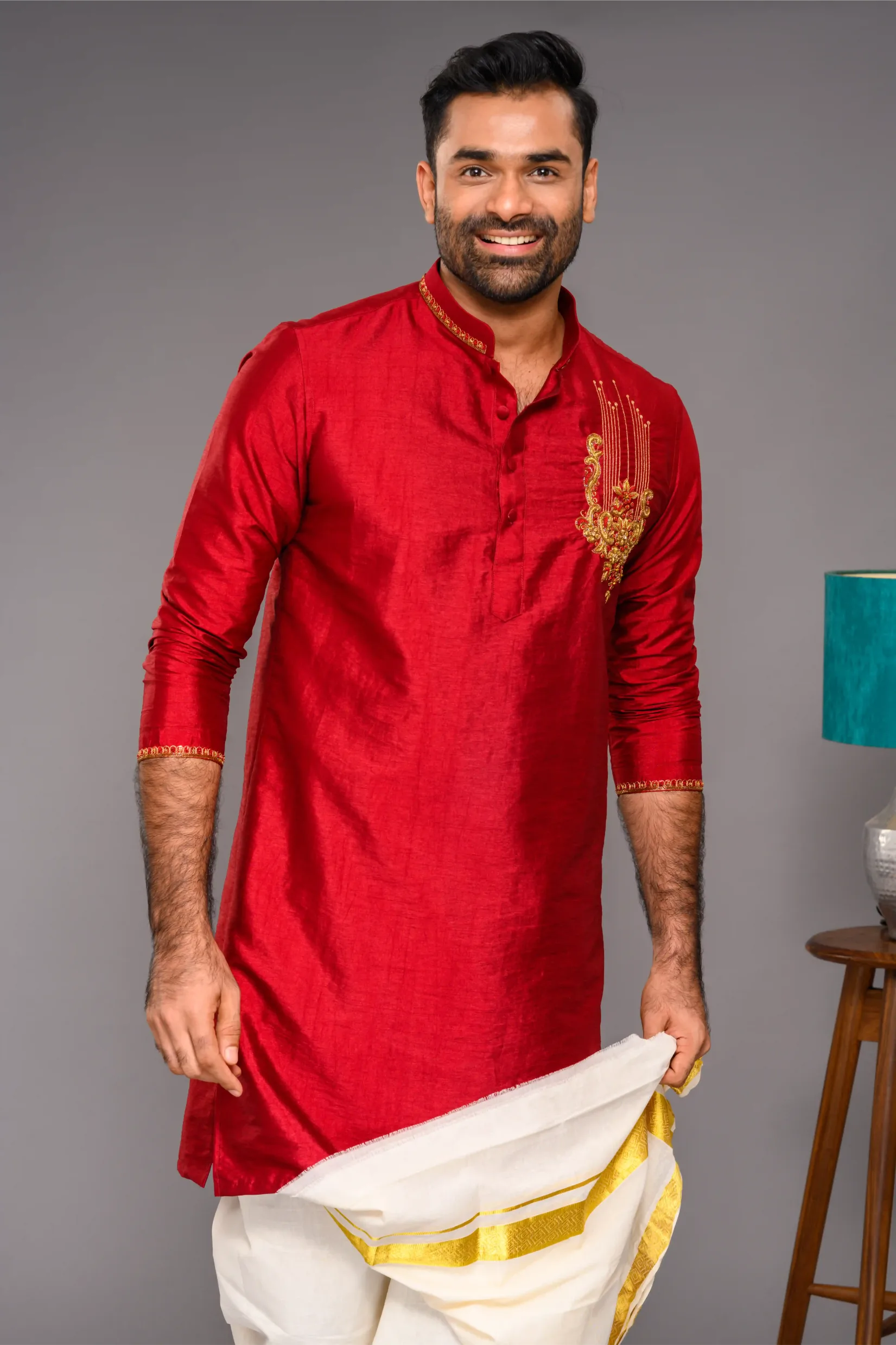 Saffron Red Silk Kurta with Hand Embroidery Motif detailing on Chest - Zari Detailing on Neck & Sleeve Edge (Kurta Only)