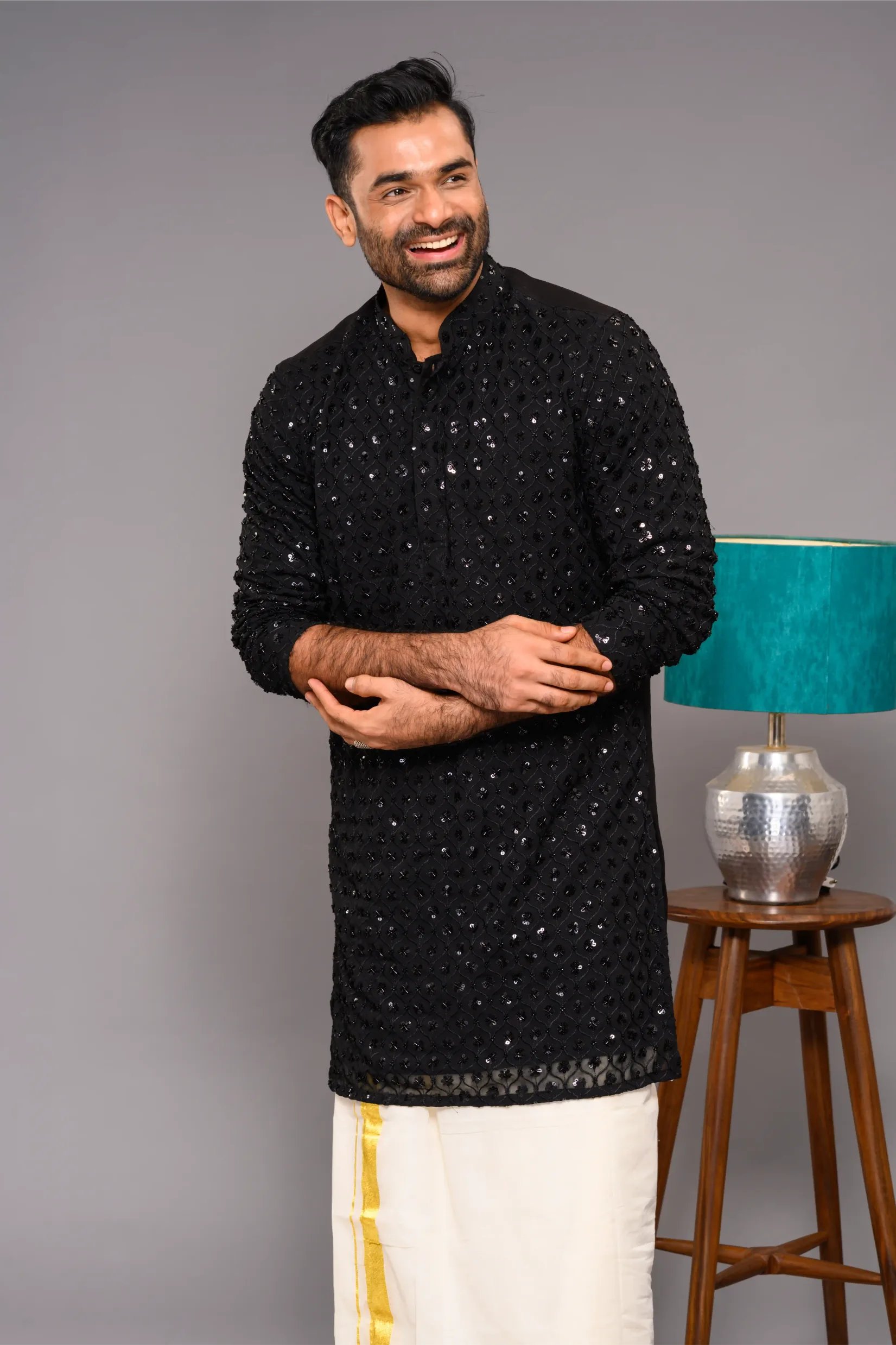 Designer Black Kurta with Glossy Self Surface Embroidery (Kurta Only)