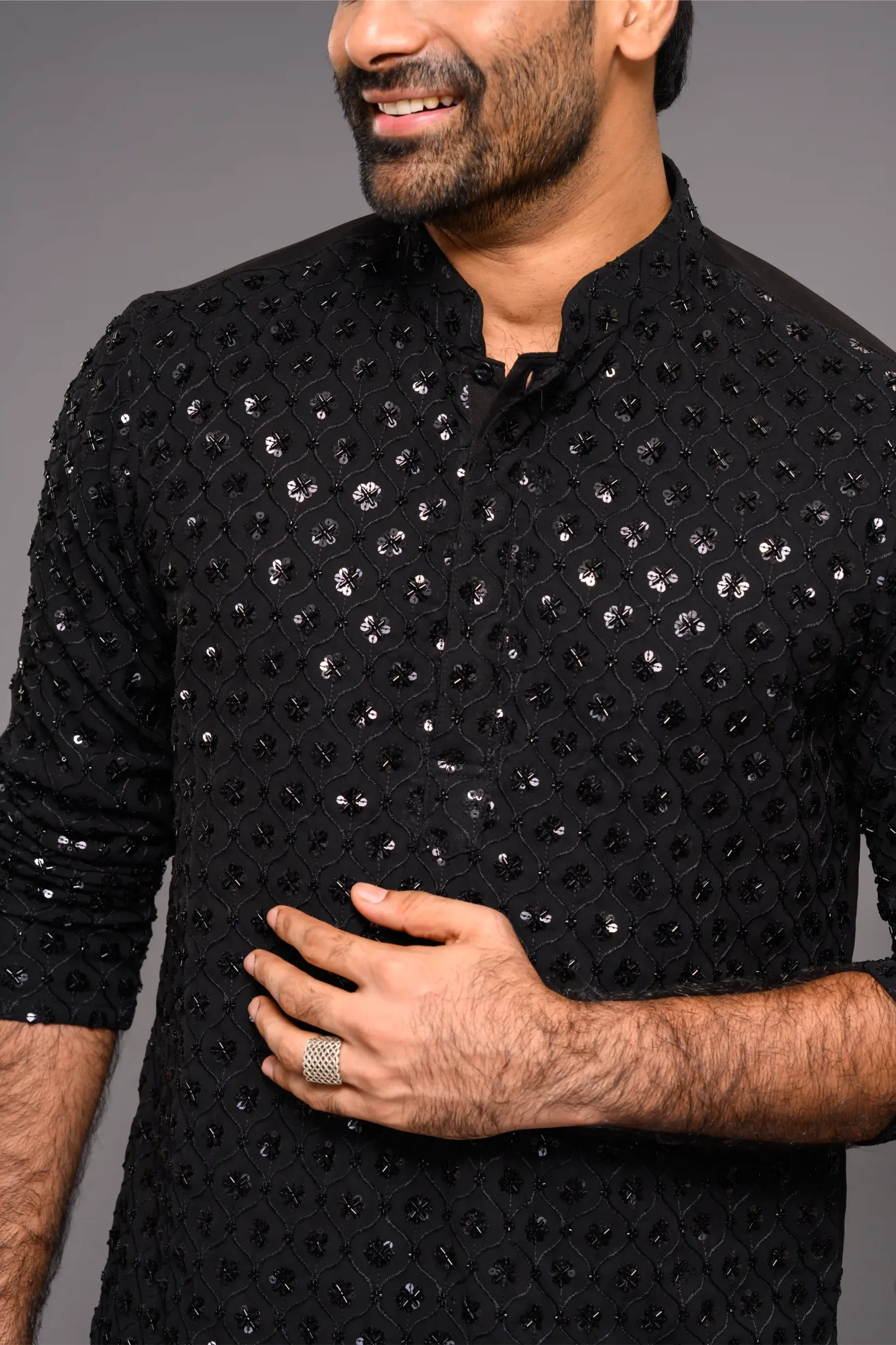 Designer Black Kurta with Glossy Self Surface Embroidery (Kurta + Munde)