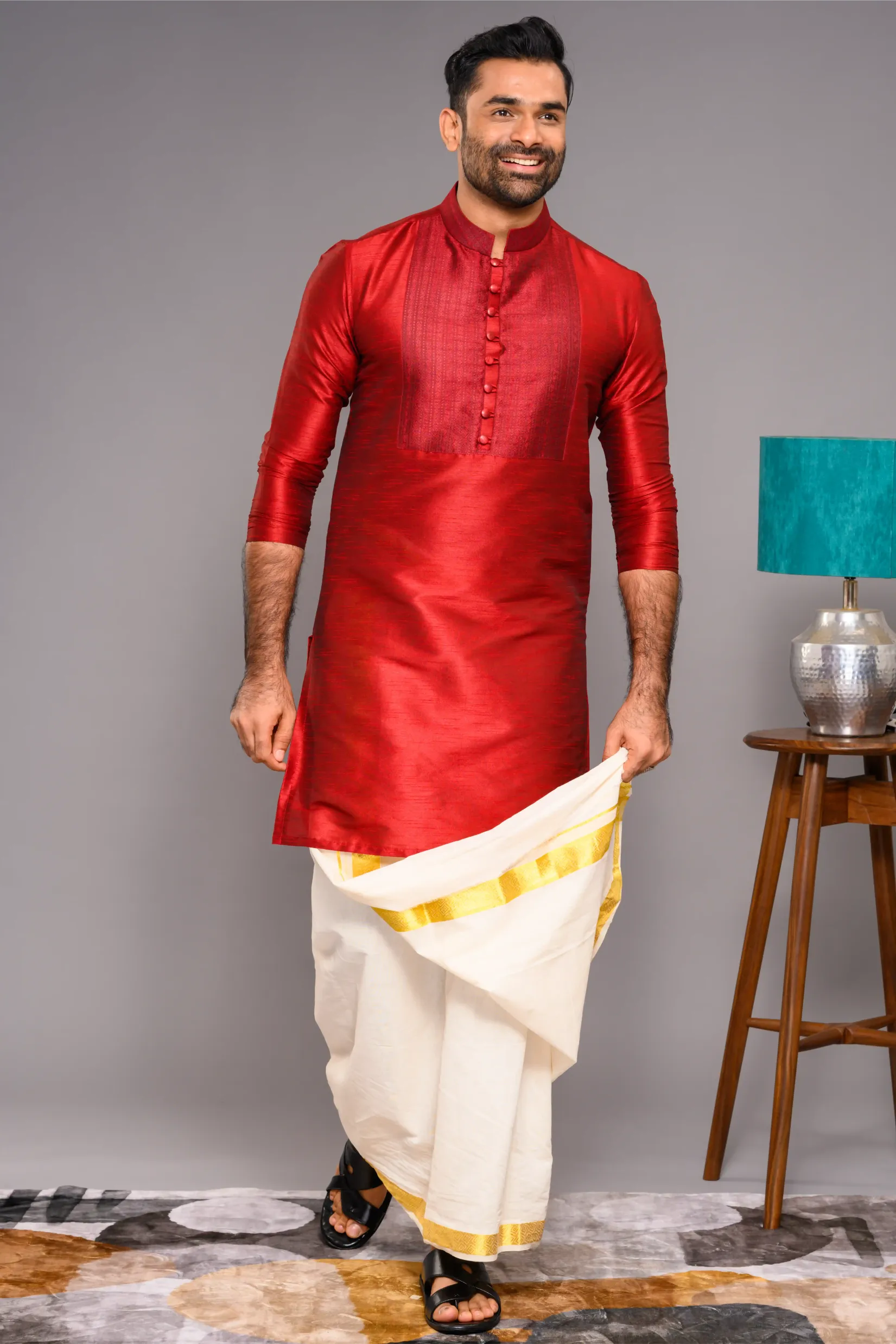 Cadmium Red Silk Kurta with contrast self design detailing on chest (Kurta Only)