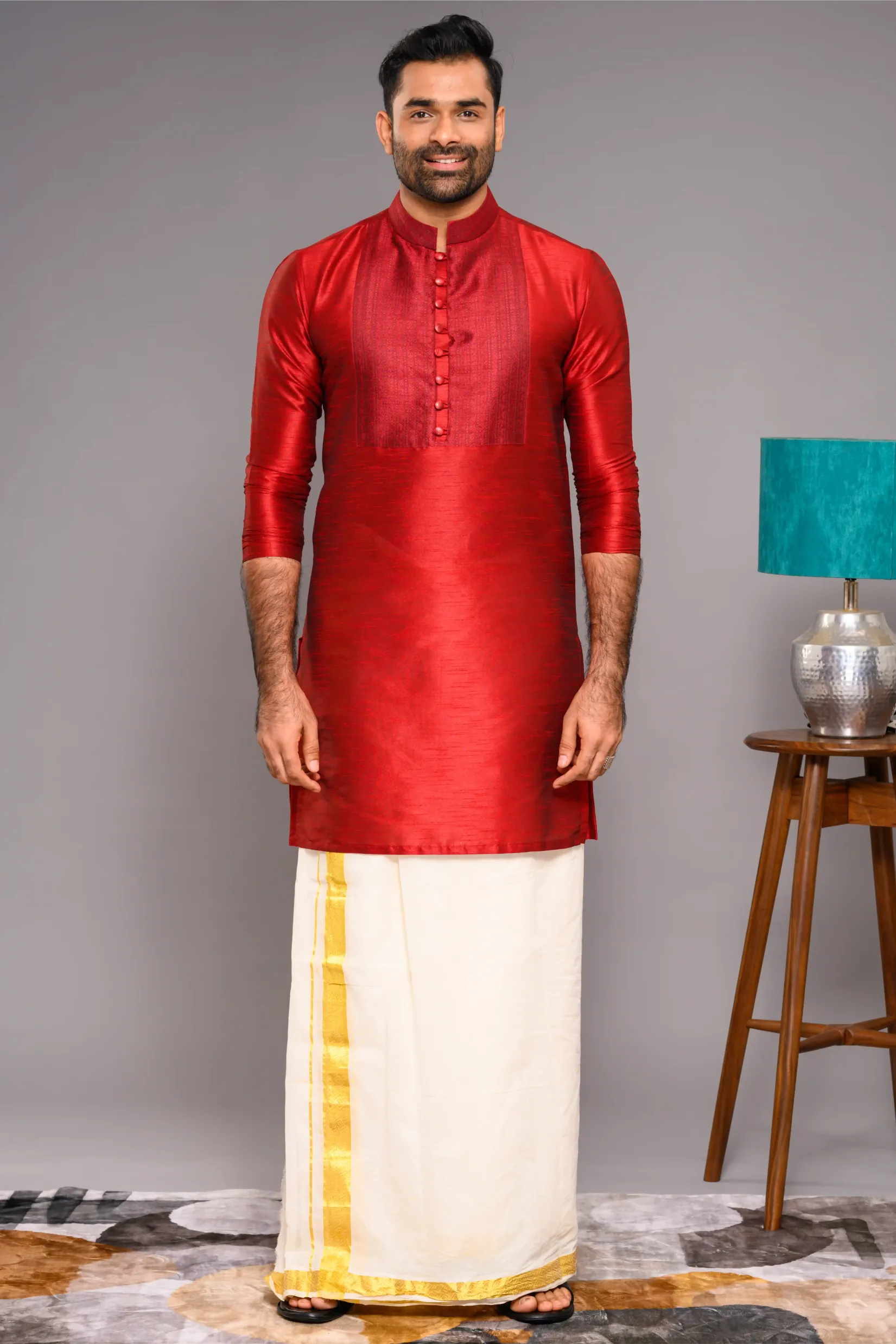 Cadmium Red Silk Kurta with contrast self design detailing on chest (Kurta Only)