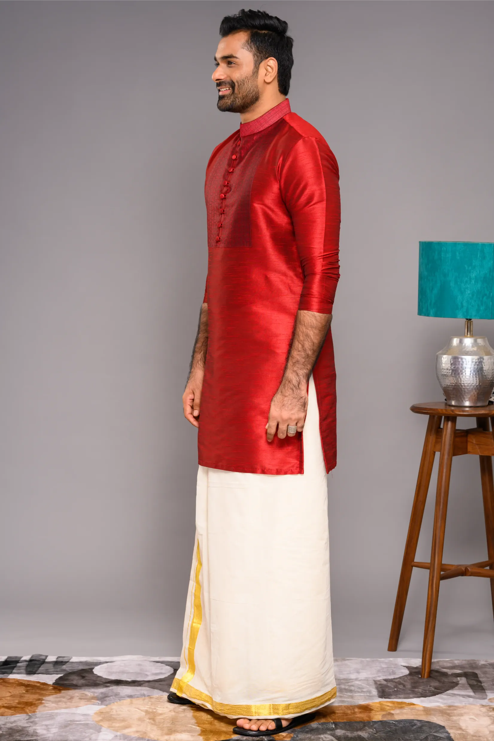 Cadmium Red Silk Kurta with contrast self design detailing on chest (Kurta Only)