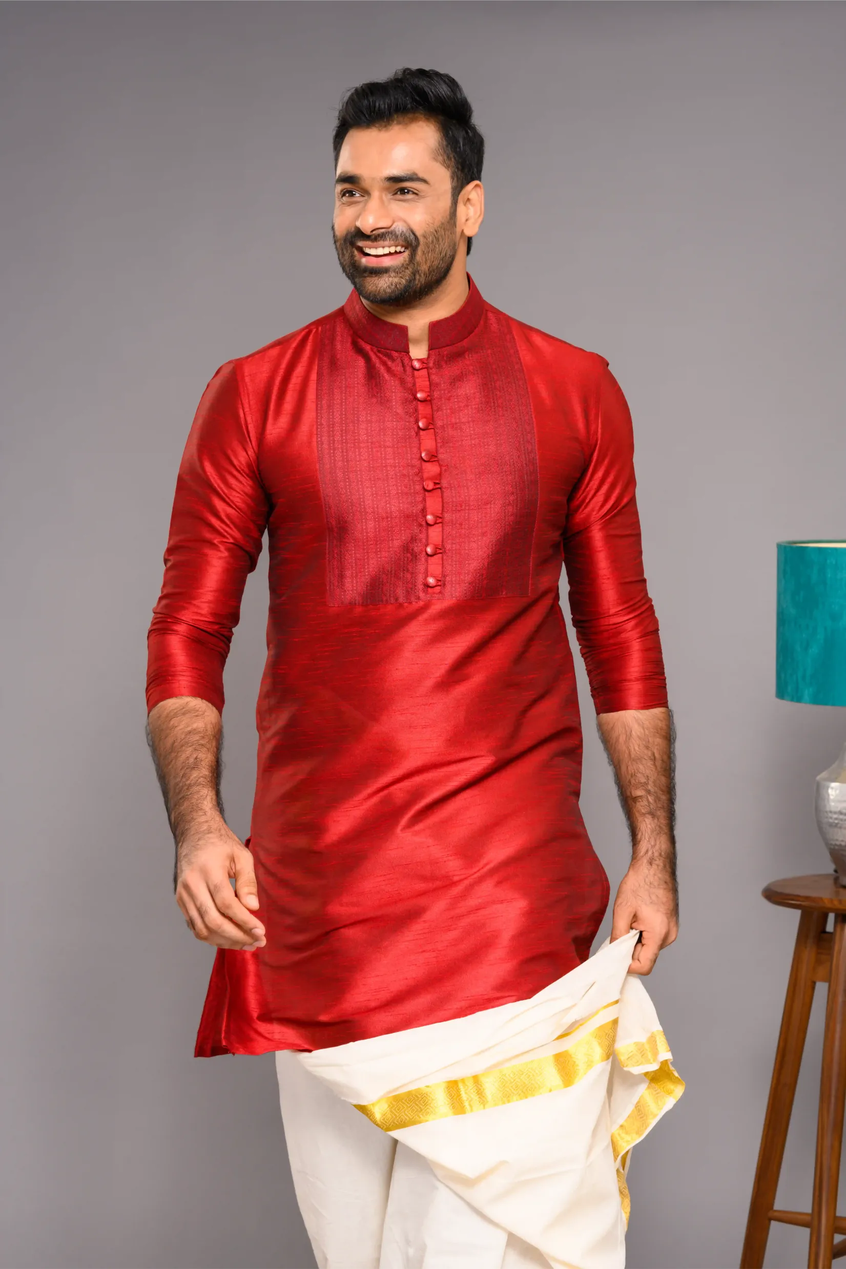 Cadmium Red Silk Kurta with contrast self design detailing on chest (Kurta + Munde)