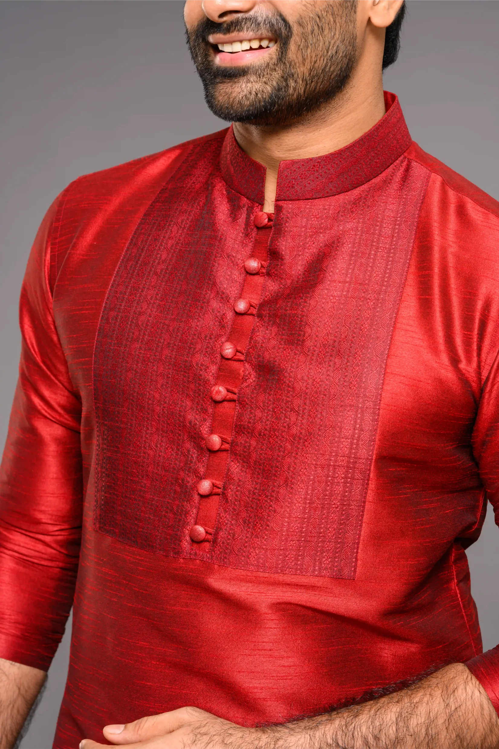 Cadmium Red Silk Kurta with contrast self design detailing on chest (Kurta Only)