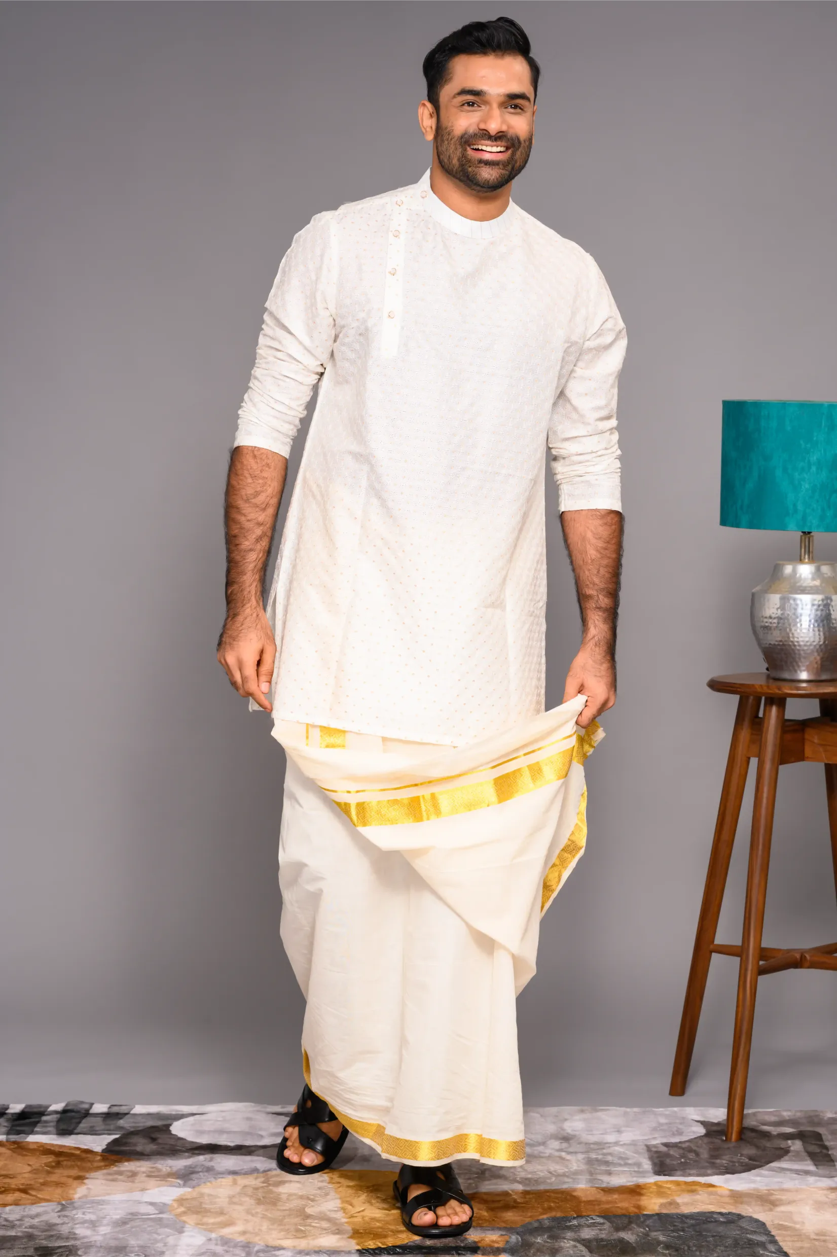 Classic Ivory Silk Kurta with side open closure opening with surface fabric embroidery (Kurta Only)