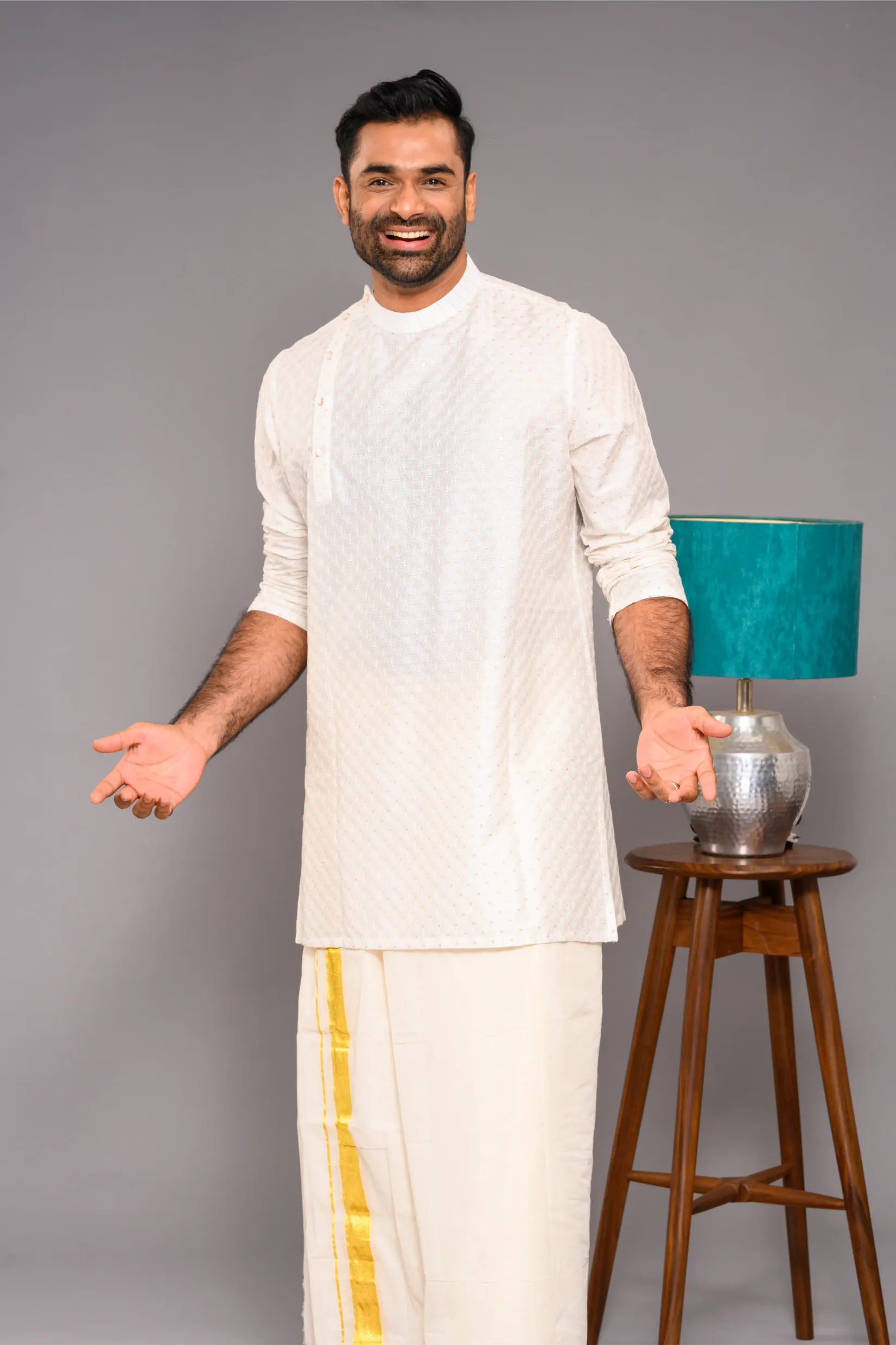 Classic Ivory Silk Kurta with side open closure opening with surface fabric embroidery (Kurta Only)
