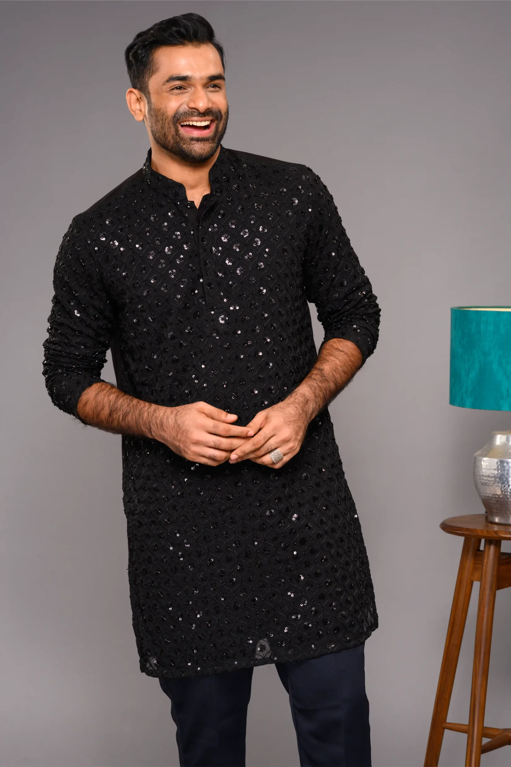 Designer Black Kurta with Glossy Self Surface Embroidery paired with Narrow Pants (Kurta Only)