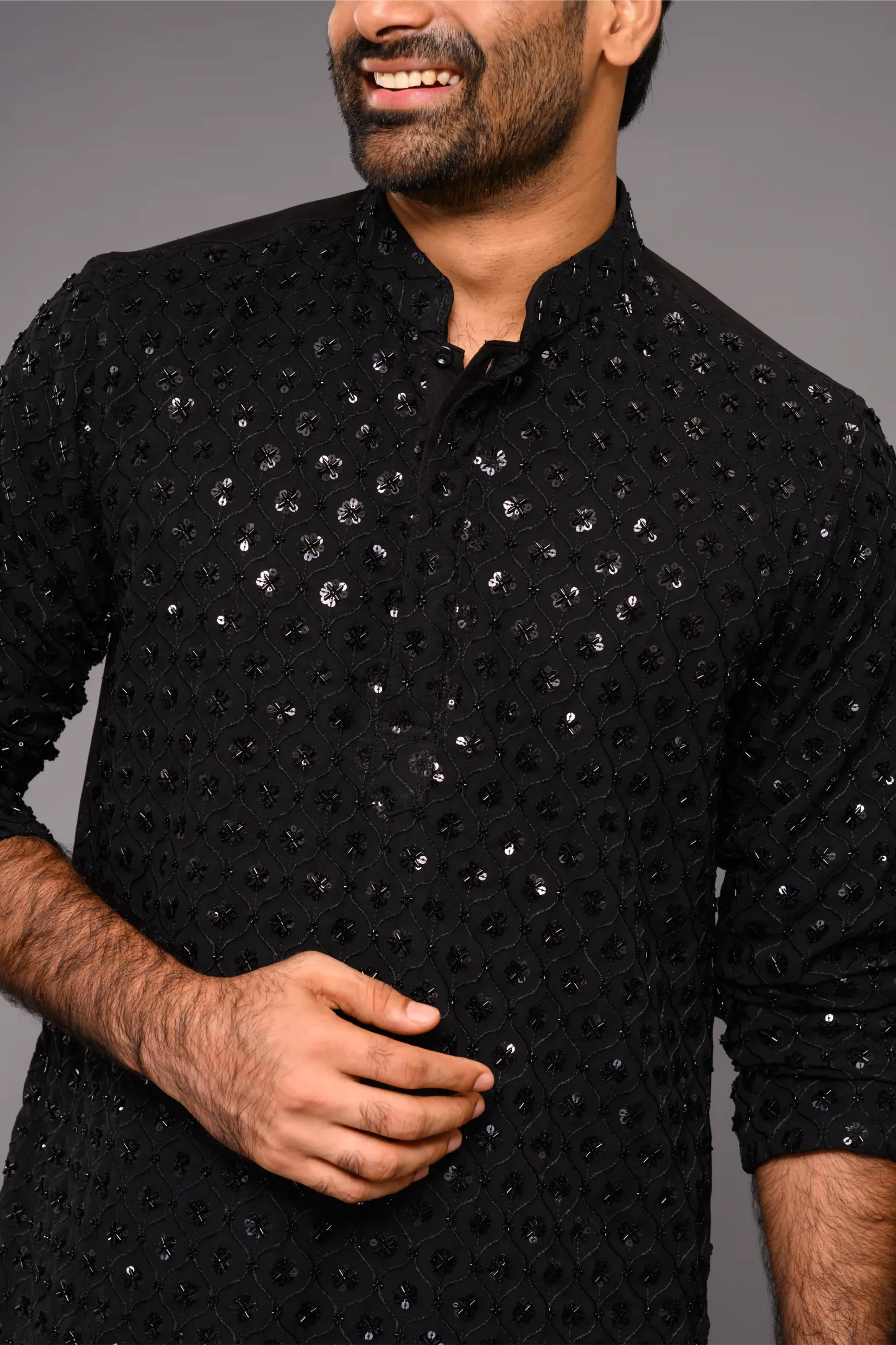 Designer Black Kurta with Glossy Self Surface Embroidery paired with Narrow Pants (Kurta Only)