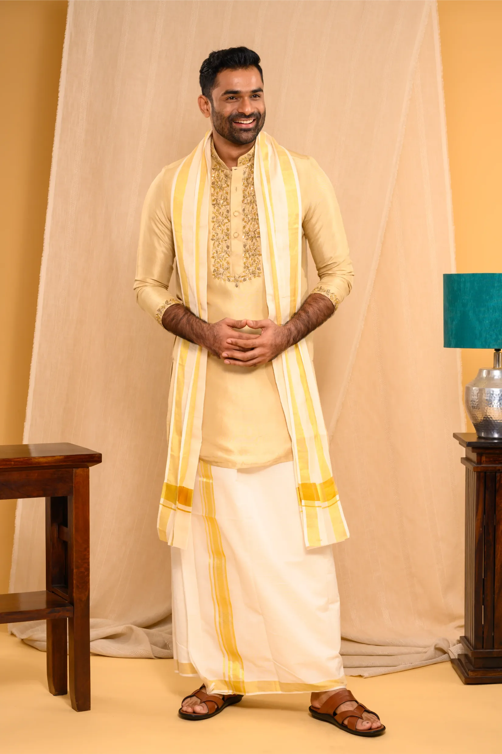 Light Golden Silk Kurta with Heavy Golden Handwork detailing on wide placket border & sleeve edge (Kurta Only)
