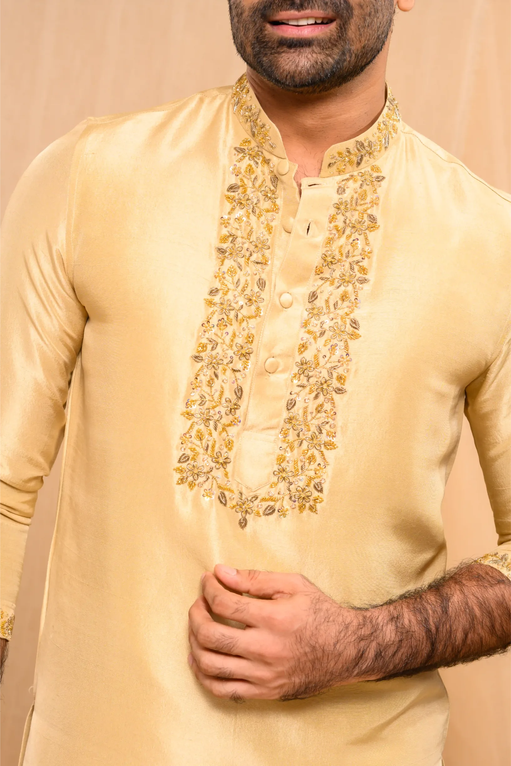 Light Golden Silk Kurta with Heavy Golden Handwork detailing on wide placket border & sleeve edge (Kurta Only)