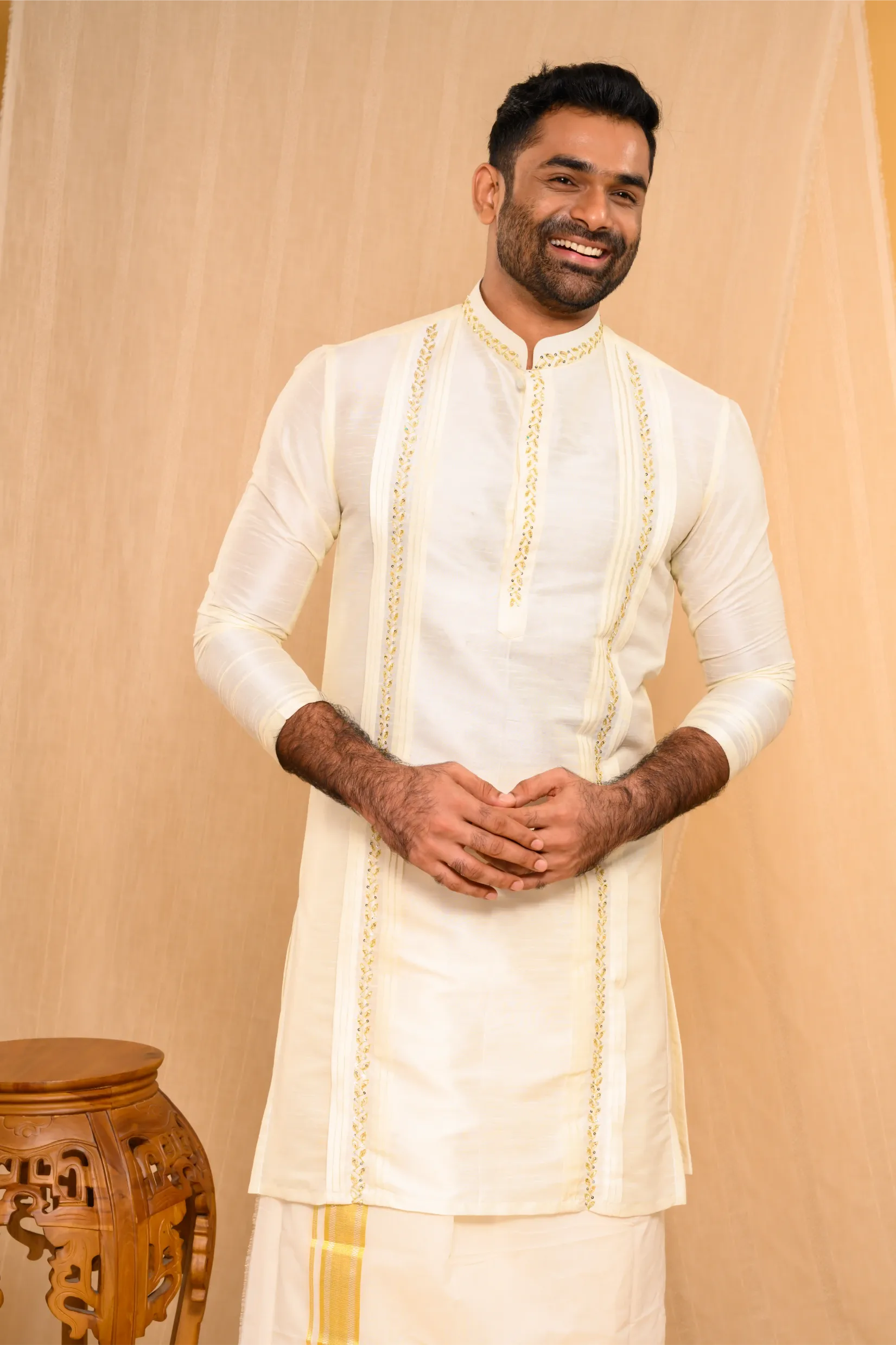 Ivory Silk Kurta with Hand Embroidery & pleat detailing (Kurta Only)