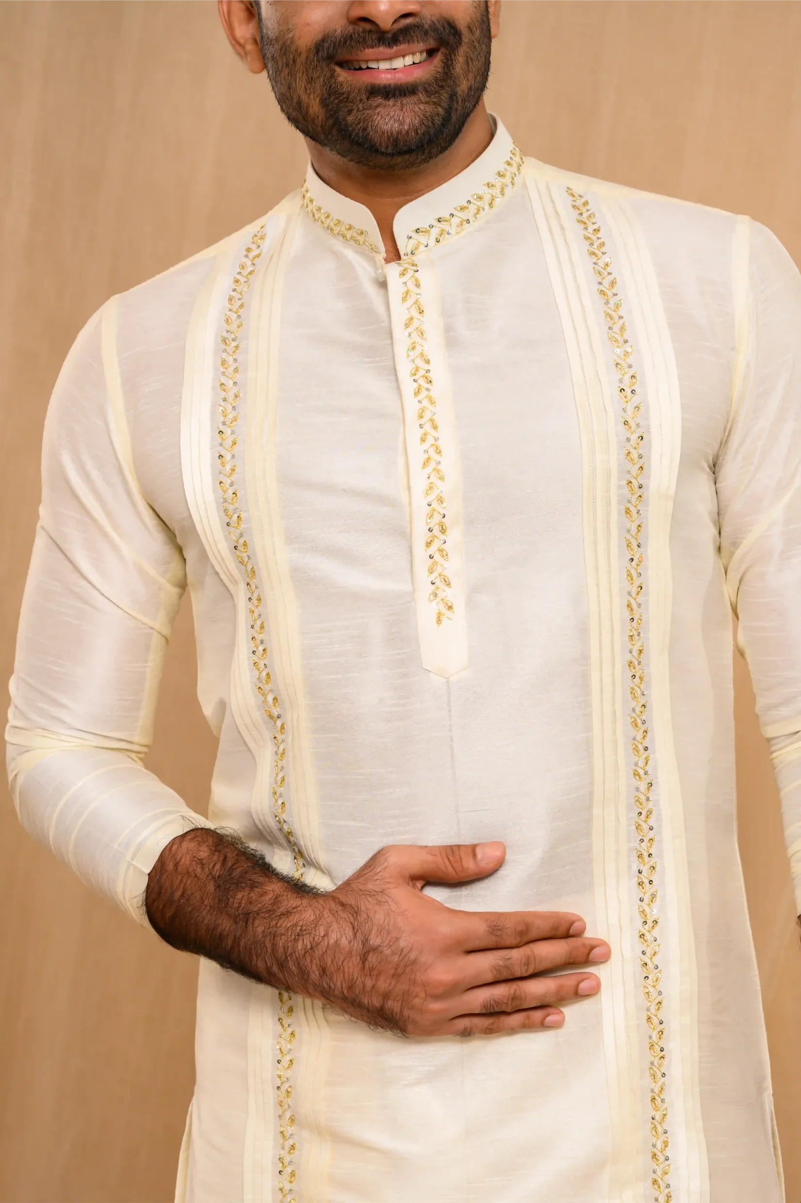 Ivory Silk Kurta with Hand Embroidery & pleat detailing (Kurta Only)