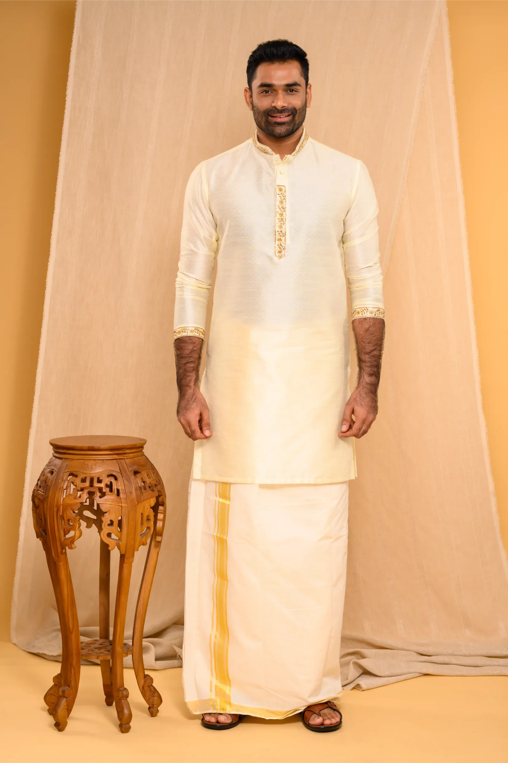 Self Design Silk Kurta with Light Hand Embroidery detailing on placket, sleeve edge & Neck (Kurta Only)