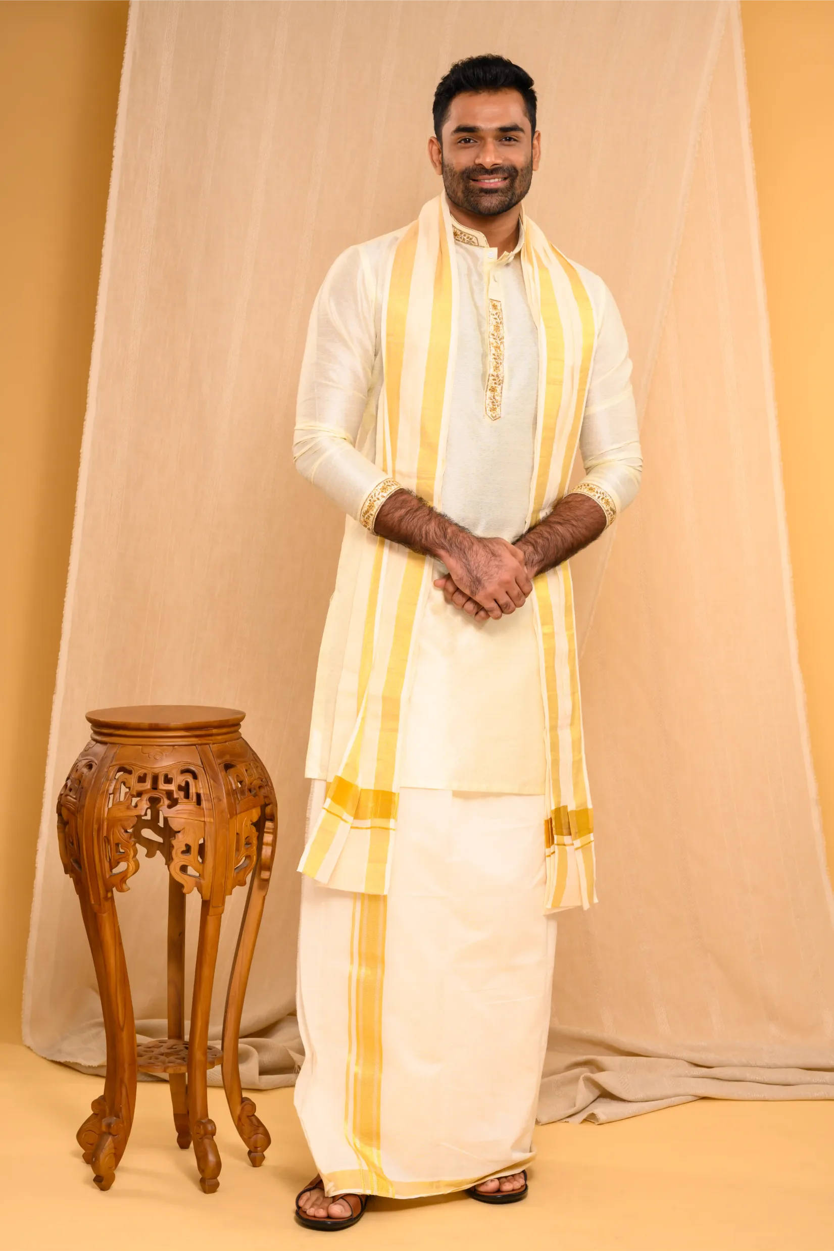Self Design Silk Kurta with Light Hand Embroidery detailing on placket, sleeve edge & Neck (Kurta Only)