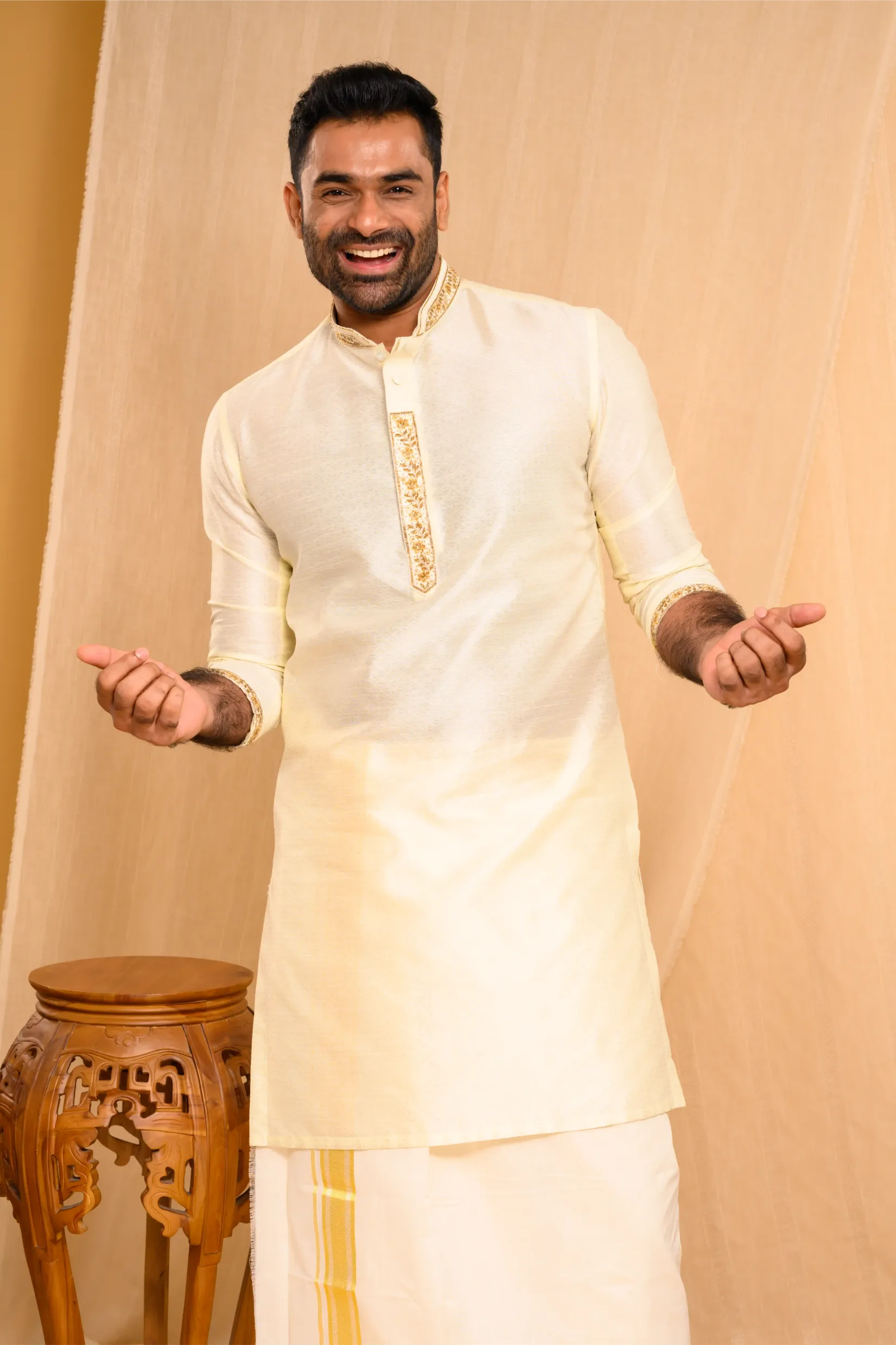 Self Design Silk Kurta with Light Hand Embroidery detailing on placket, sleeve edge & Neck (Kurta Only)