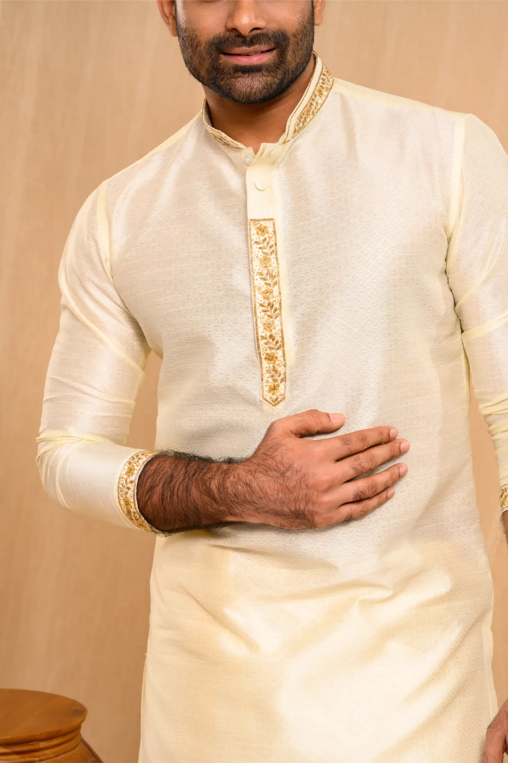 Self Design Silk Kurta with Light Hand Embroidery detailing on placket, sleeve edge & Neck (Kurta Only)