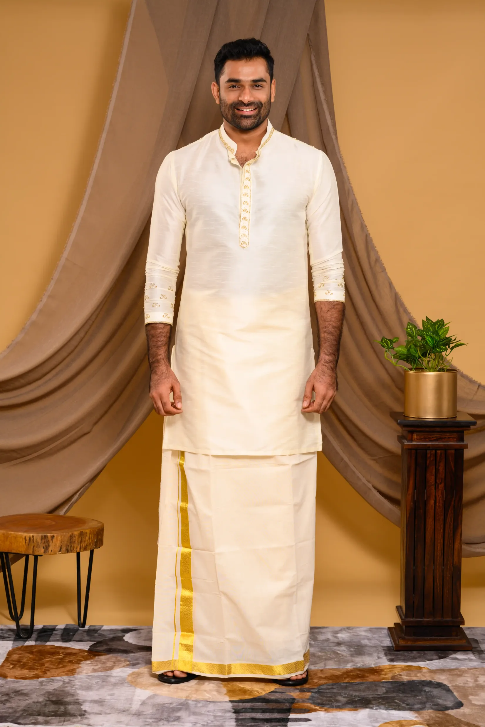 Ivory Silk Kurta with Light Hand Embroidery detailing on placket, sleeve edge & Neck (Kurta Only)