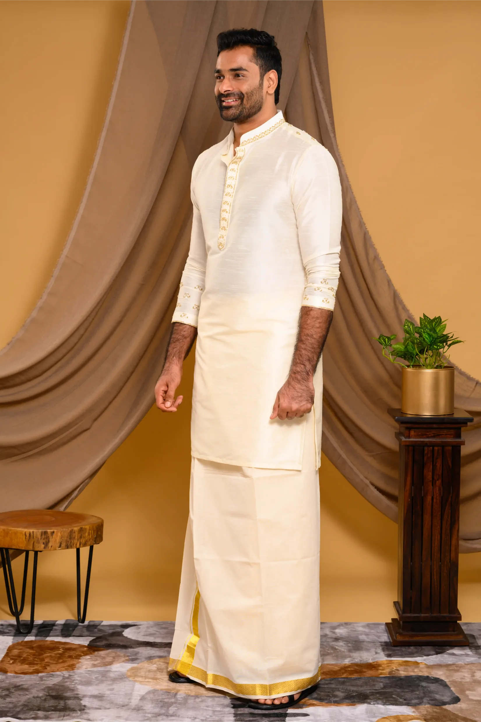 Ivory Silk Kurta with Light Hand Embroidery detailing on placket, sleeve edge & Neck (Kurta Only)
