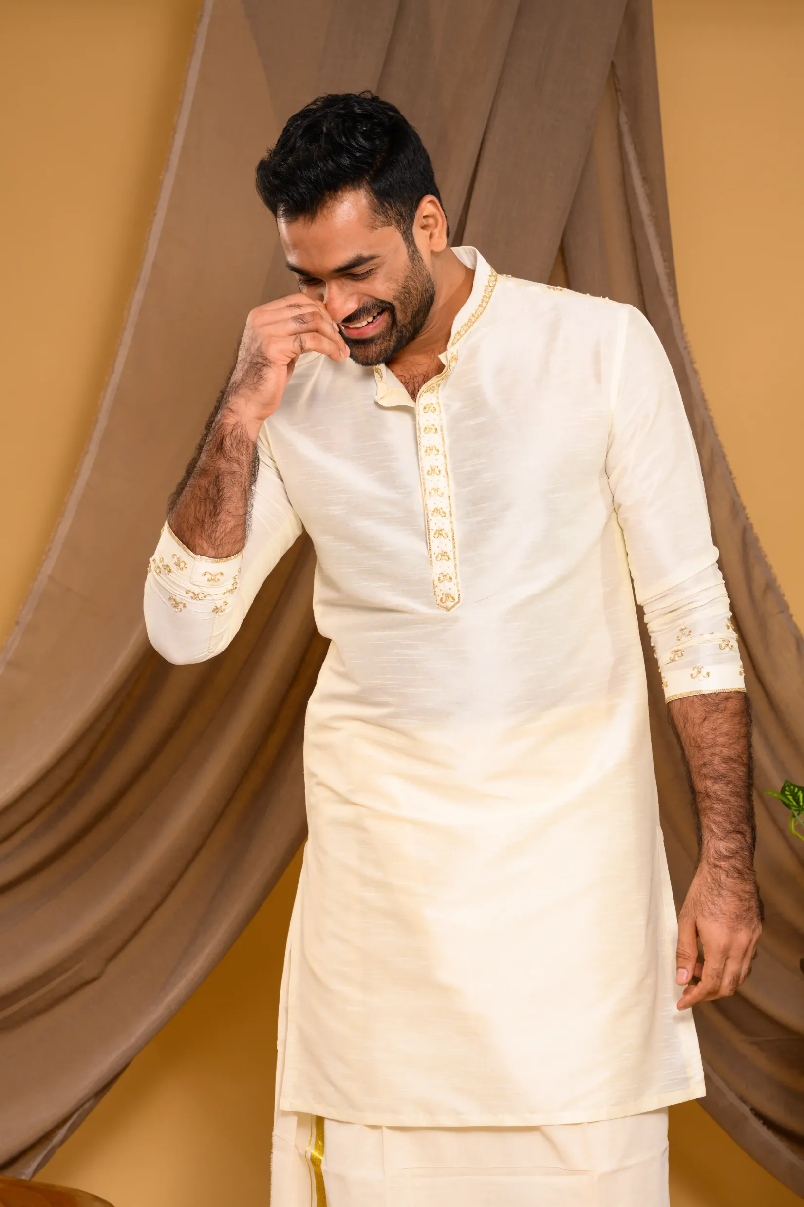 Ivory Silk Kurta with Light Hand Embroidery detailing on placket, sleeve edge & Neck (Kurta Only)