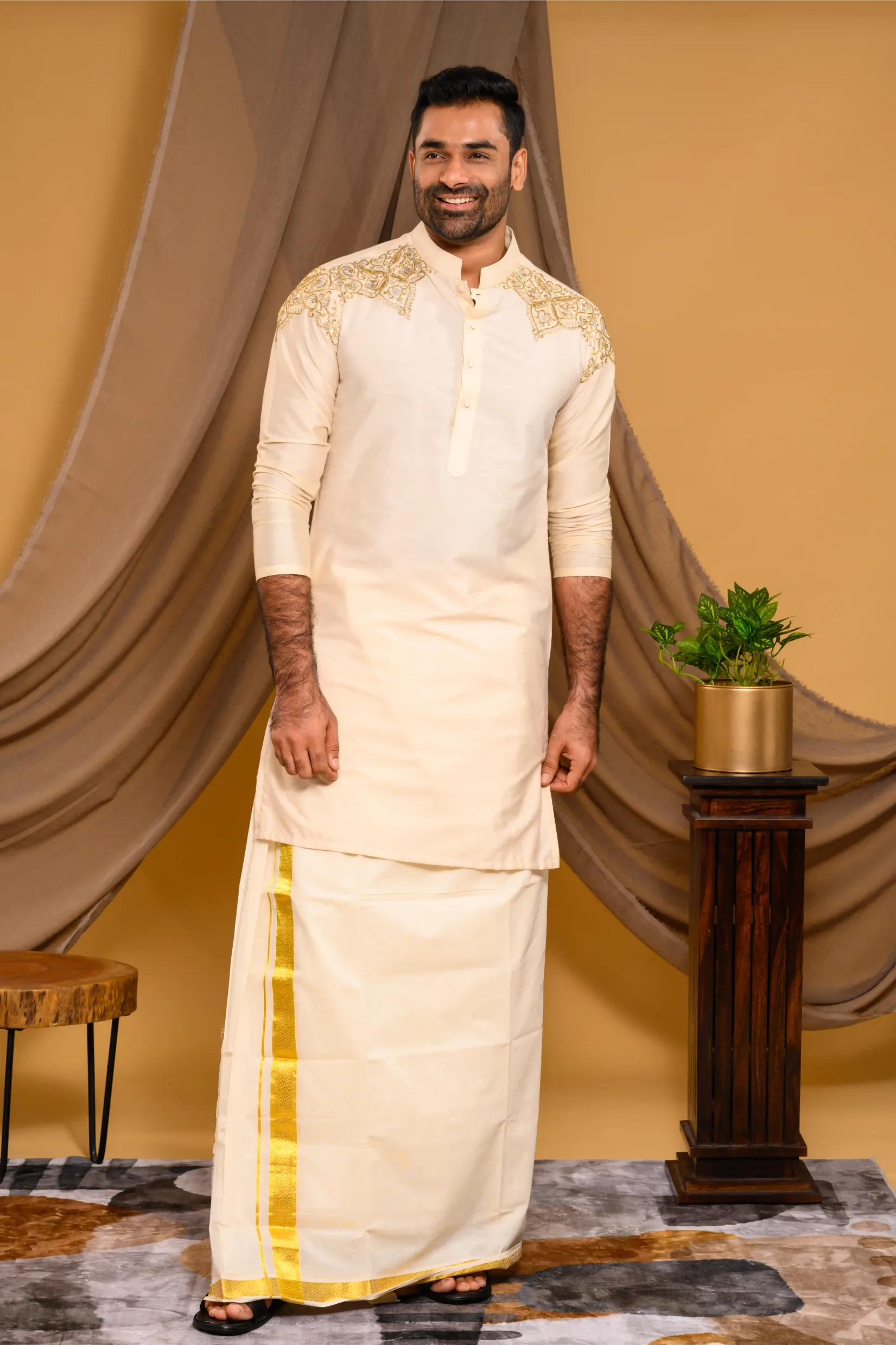 Light Sand Golden Silk Kurta with Heavy Hand Embroidery detailing on Shoulder (Kurta Only)