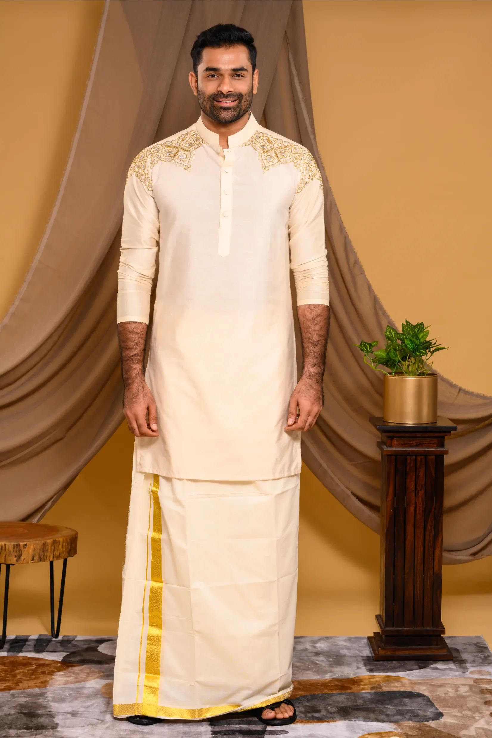 Light Sand Golden Silk Kurta with Heavy Hand Embroidery detailing on Shoulder (Kurta Only)