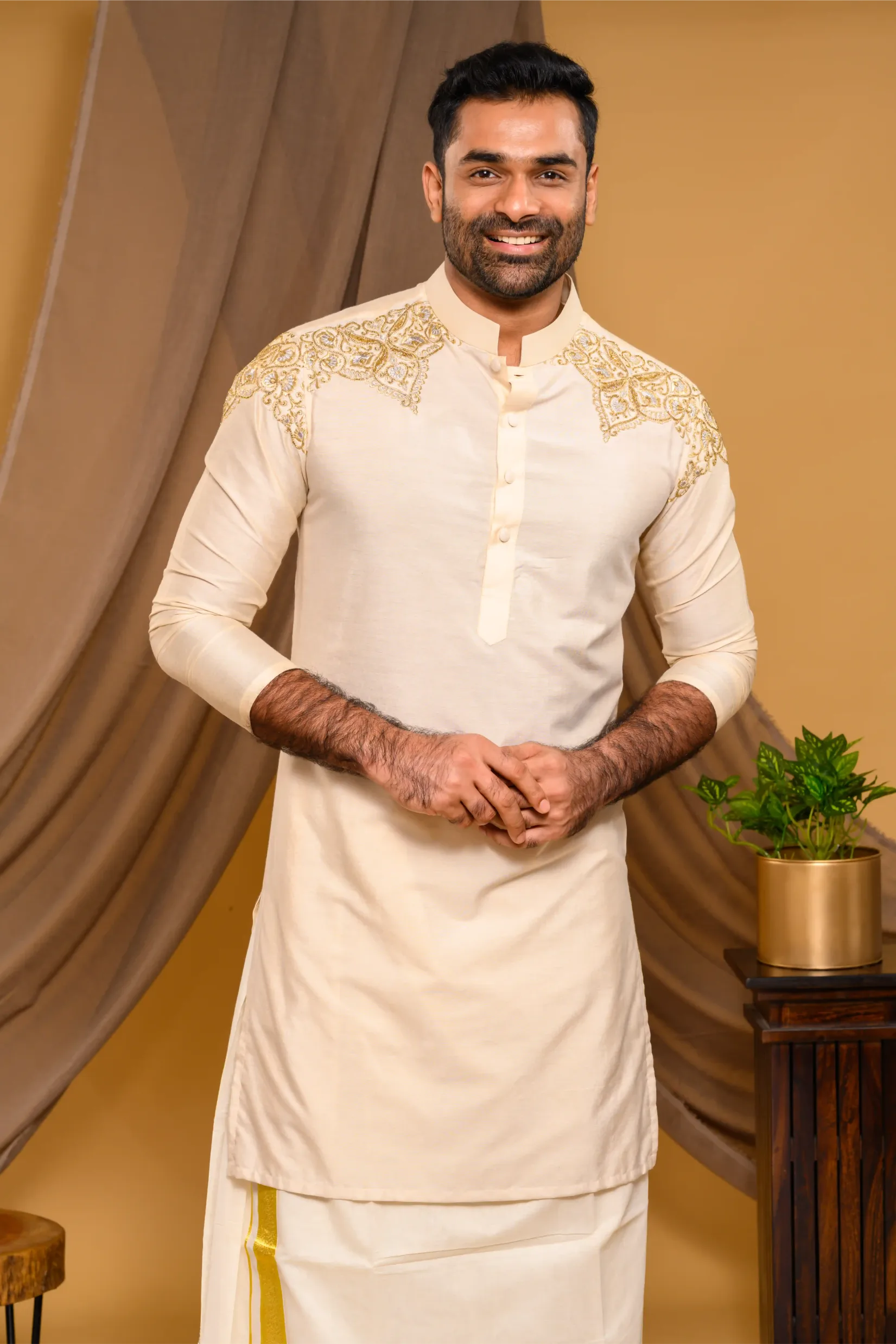 Light Sand Golden Silk Kurta with Heavy Hand Embroidery detailing on Shoulder (Kurta Only)