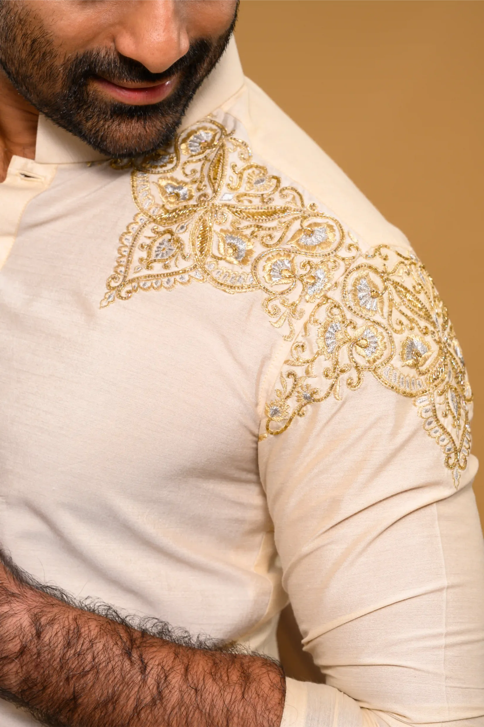 Light Sand Golden Silk Kurta with Heavy Hand Embroidery detailing on Shoulder (Kurta Only)