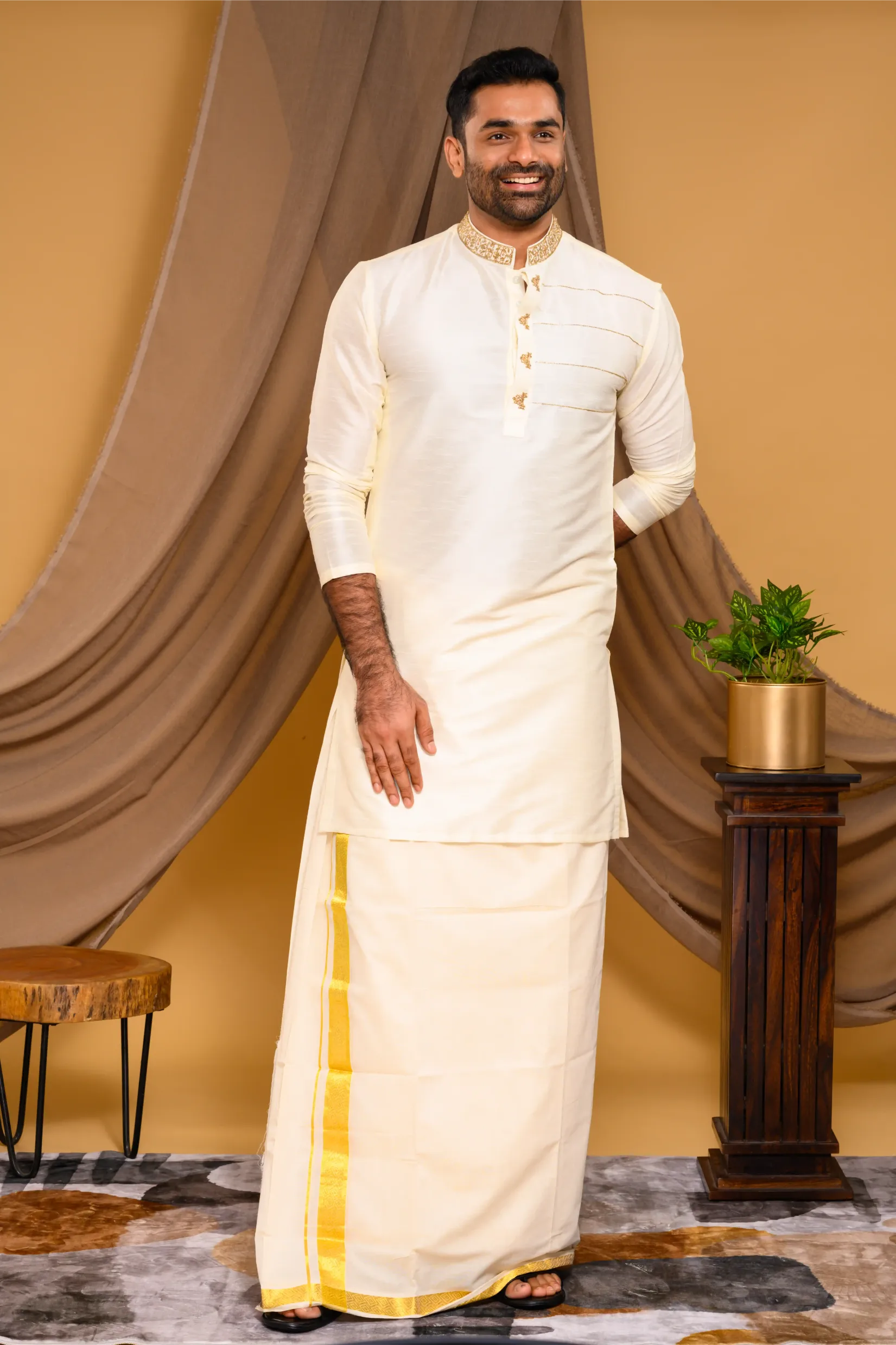 Ivory Silk Kurta with Hand Embroidery detailing on Neck & Zari Detailing on Chest (Kurta Only)