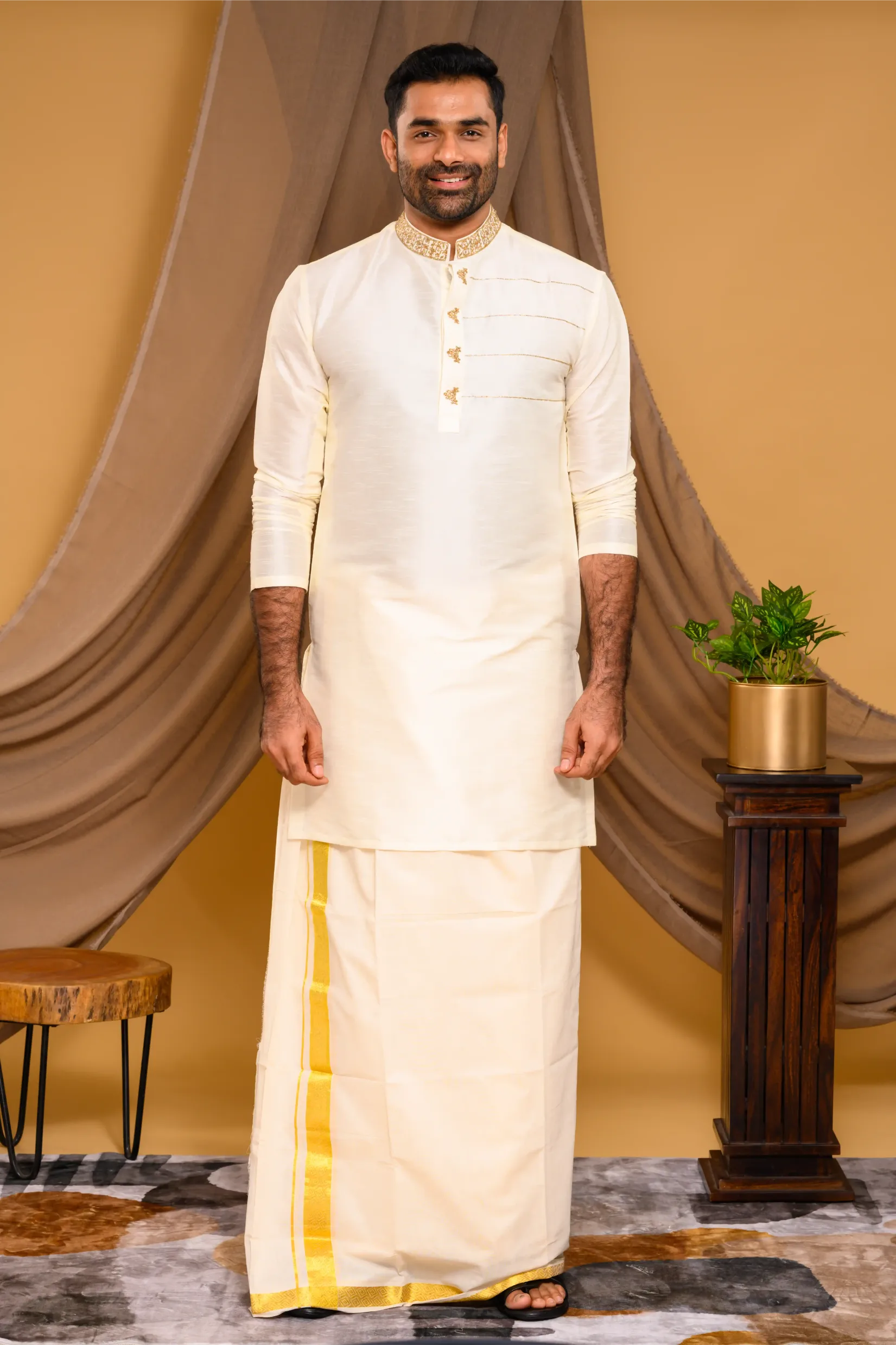 Ivory Silk Kurta with Hand Embroidery detailing on Neck & Zari Detailing on Chest (Kurta Only)