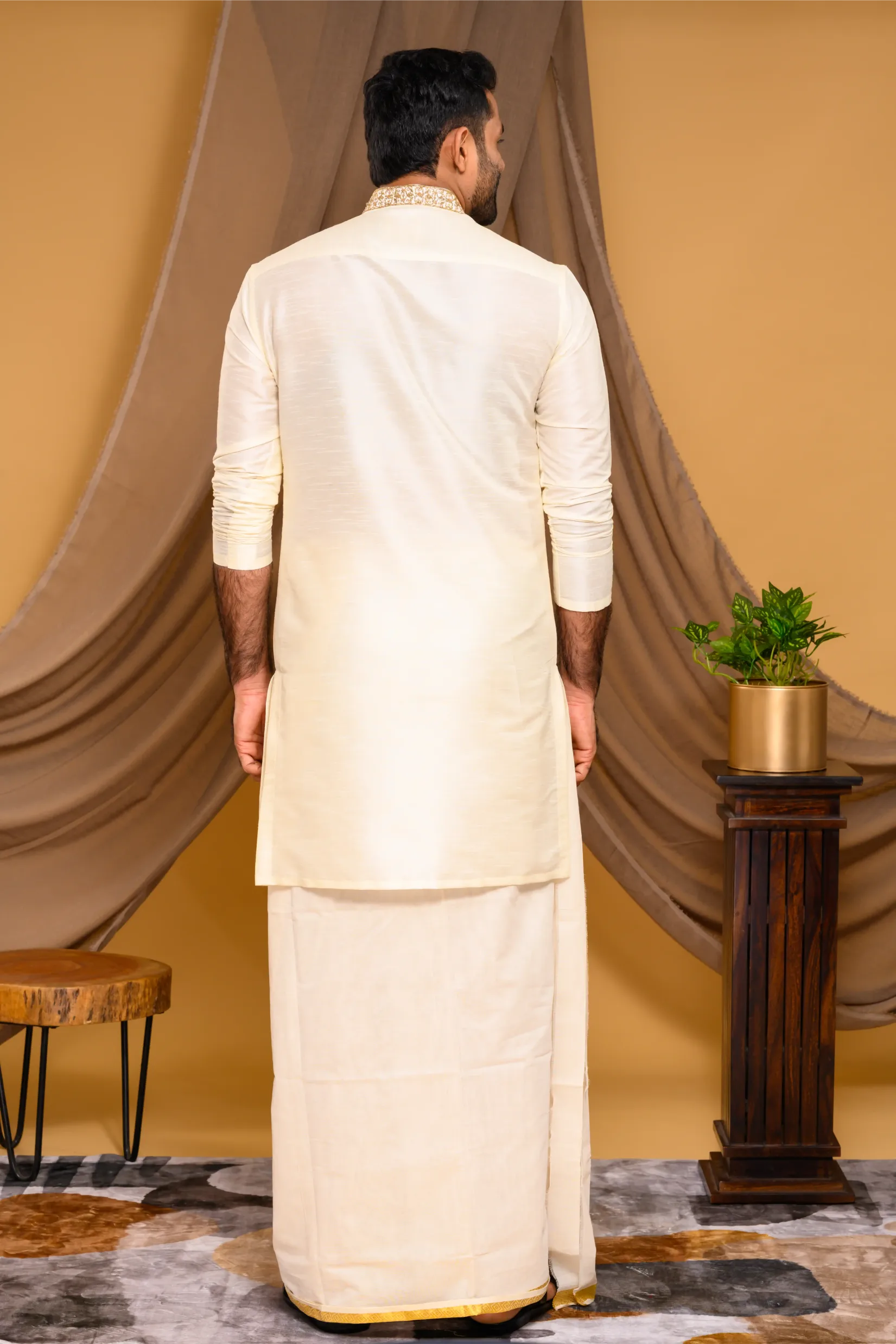 Ivory Silk Kurta with Hand Embroidery detailing on Neck & Zari Detailing on Chest (Kurta Only)