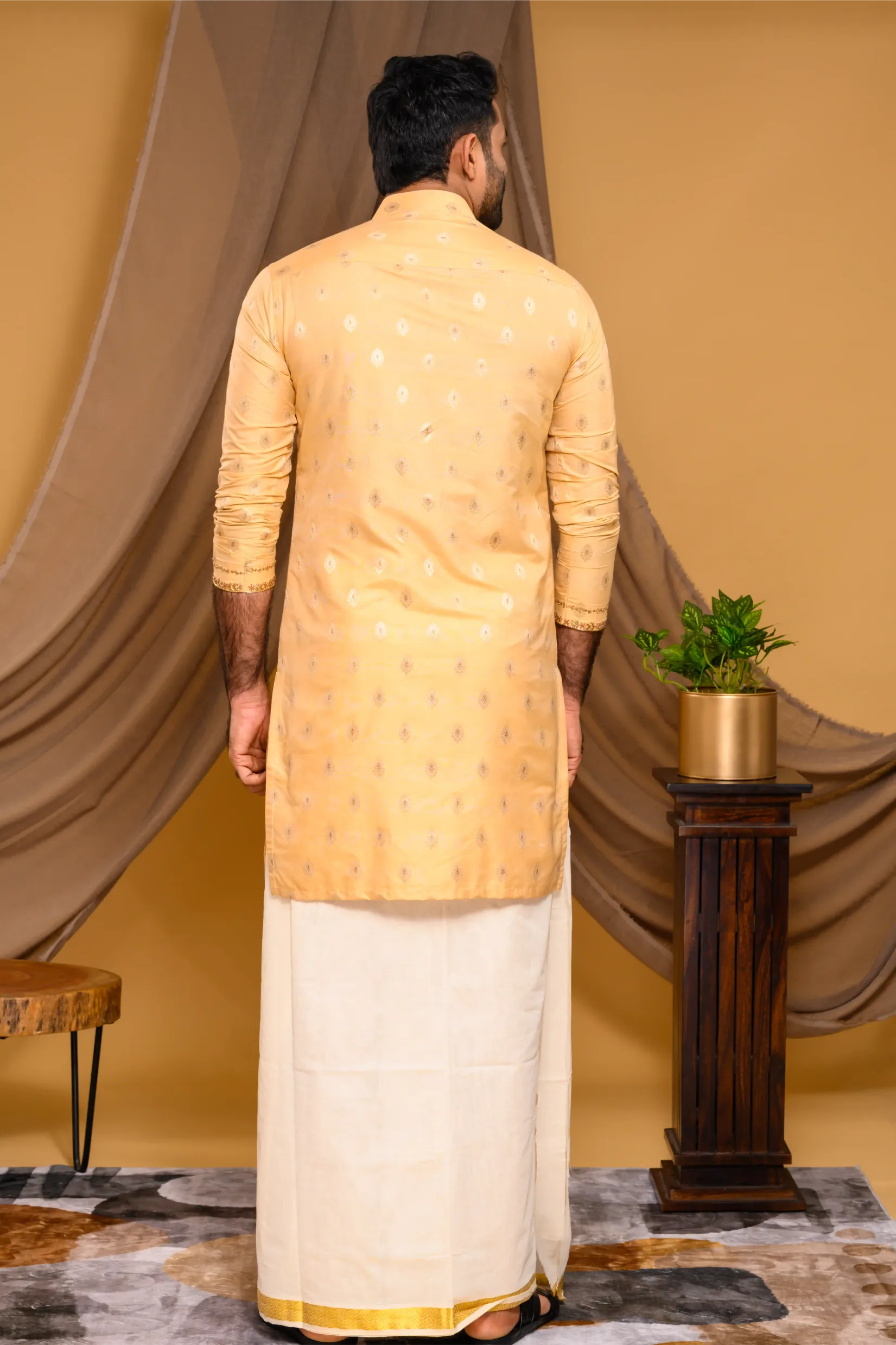 Golden Silk Brocade Kurta with Heavy Golden Handwork detailing on wide placket border & sleeve edge (Kurta Only)