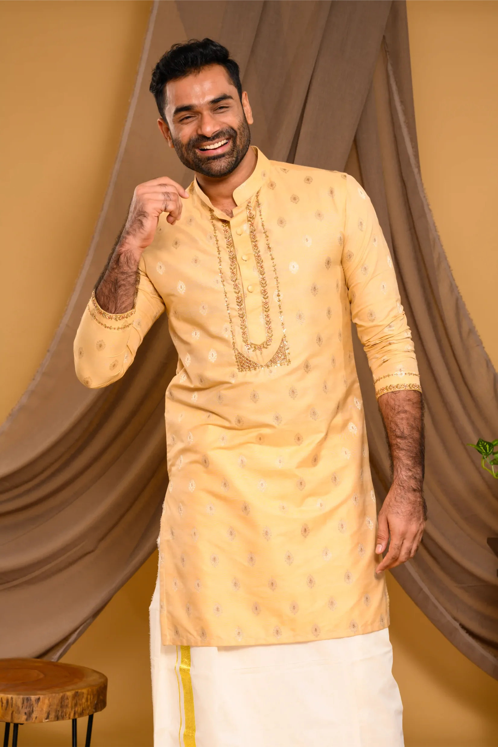 Golden Silk Brocade Kurta with Heavy Golden Handwork detailing on wide placket border & sleeve edge (Kurta Only)