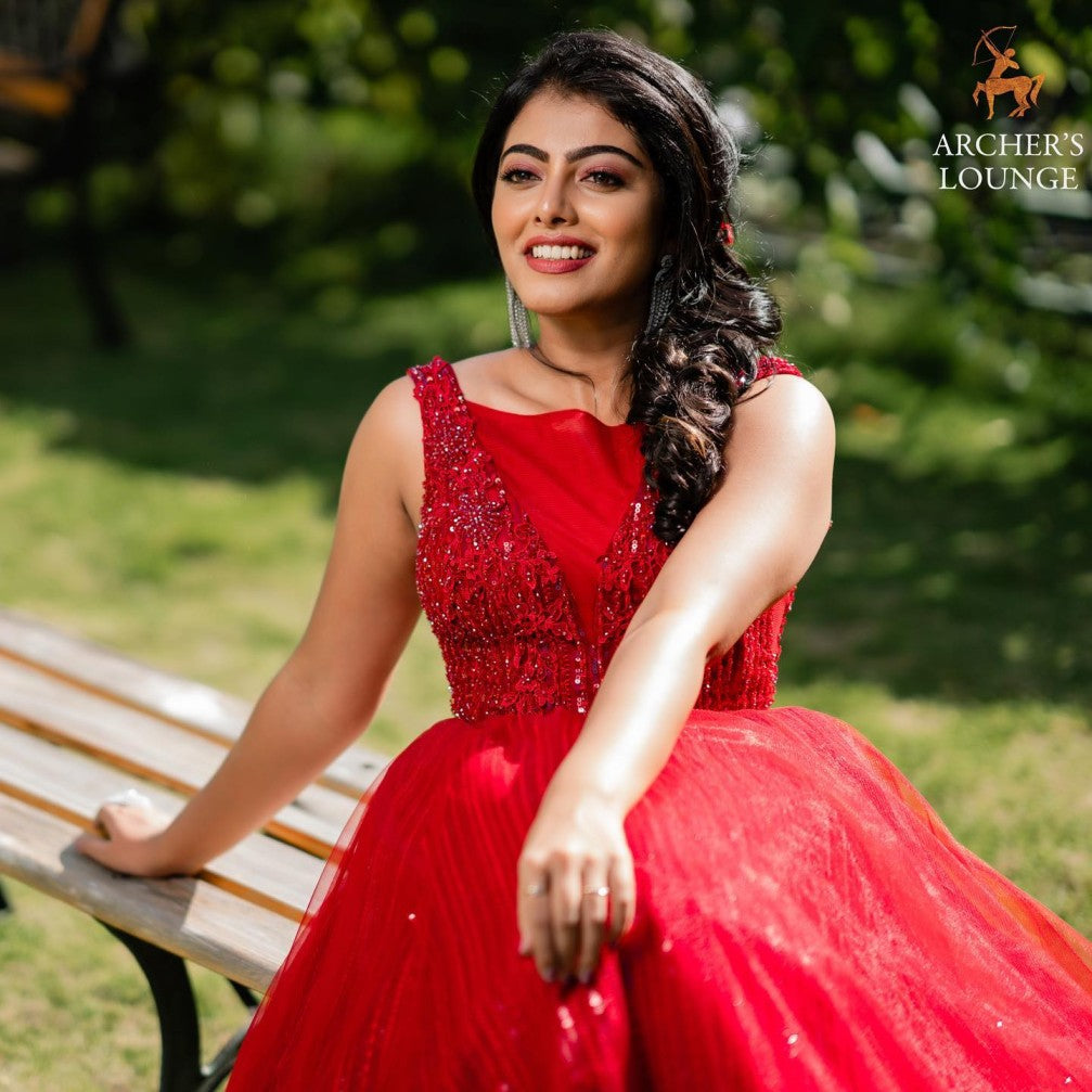 Barn Red Tulle Gown Self  Stone Hand Embroidery