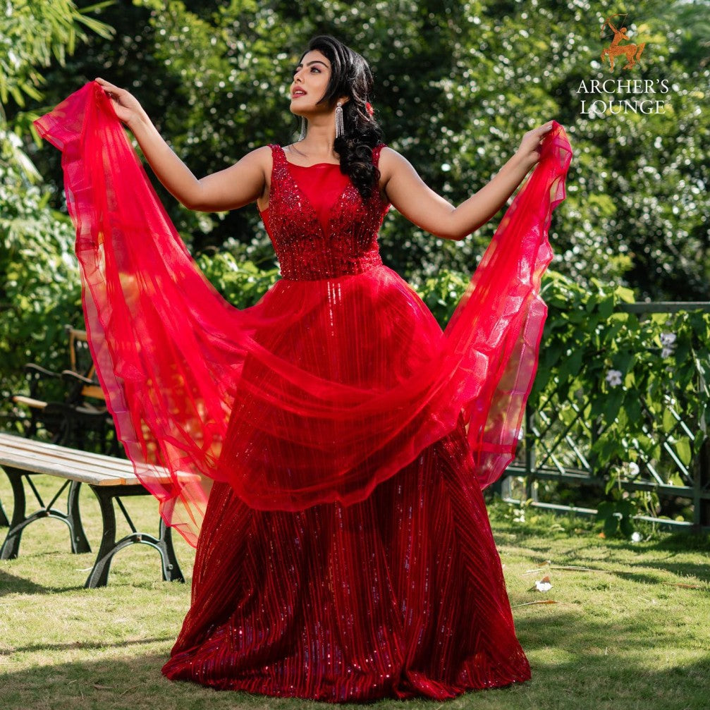 Barn Red Tulle Gown Self  Stone Hand Embroidery