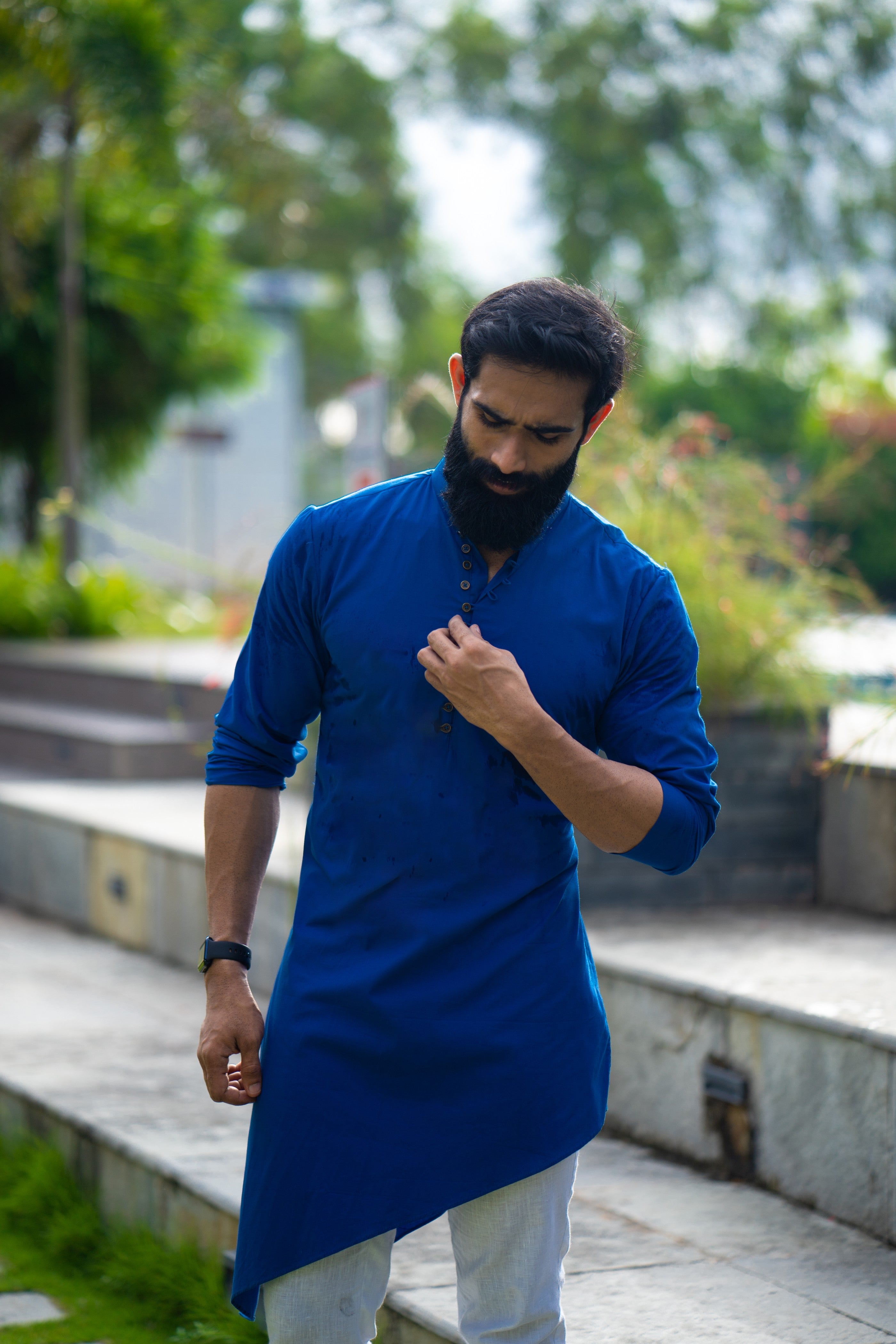 Azure Blue Asymmetrical Kurta Set (Kurta + White Bottom Pants)