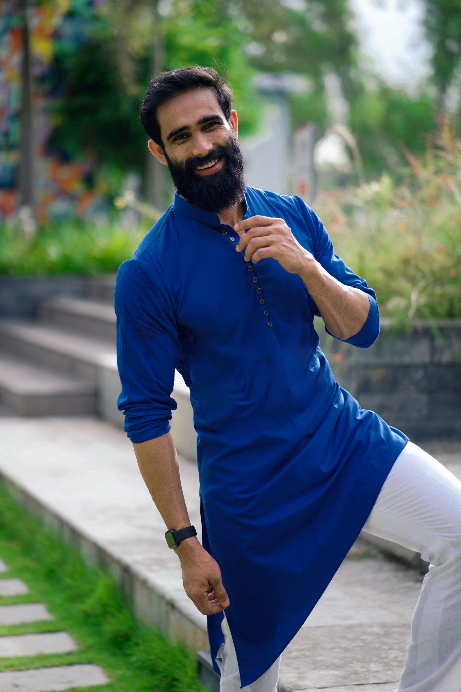 Azure Blue Asymmetrical Kurta Set (Kurta + White Bottom Pants)