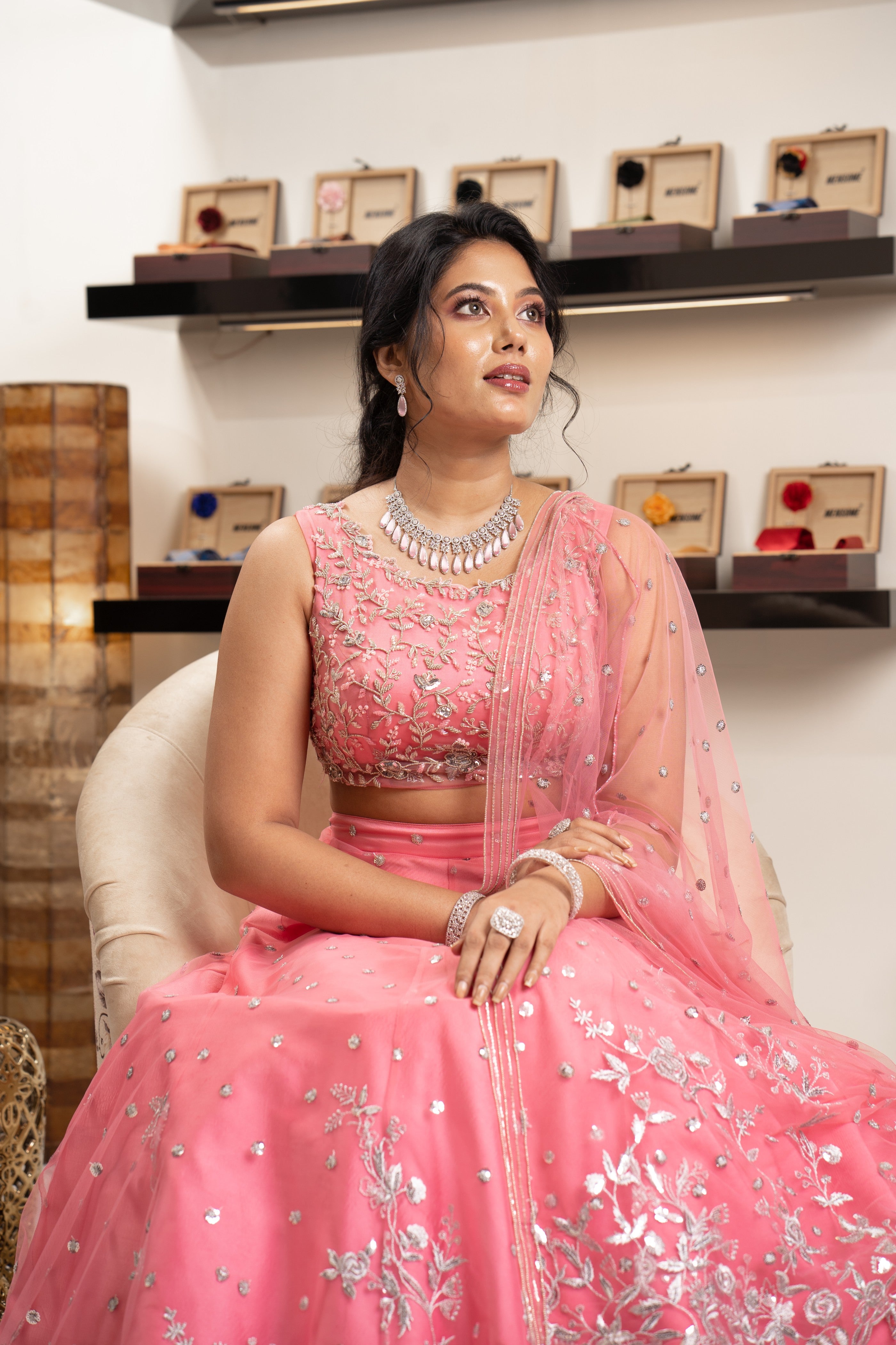 Watermelon Pink Bridal Lehenga With Silver Handwork Detail