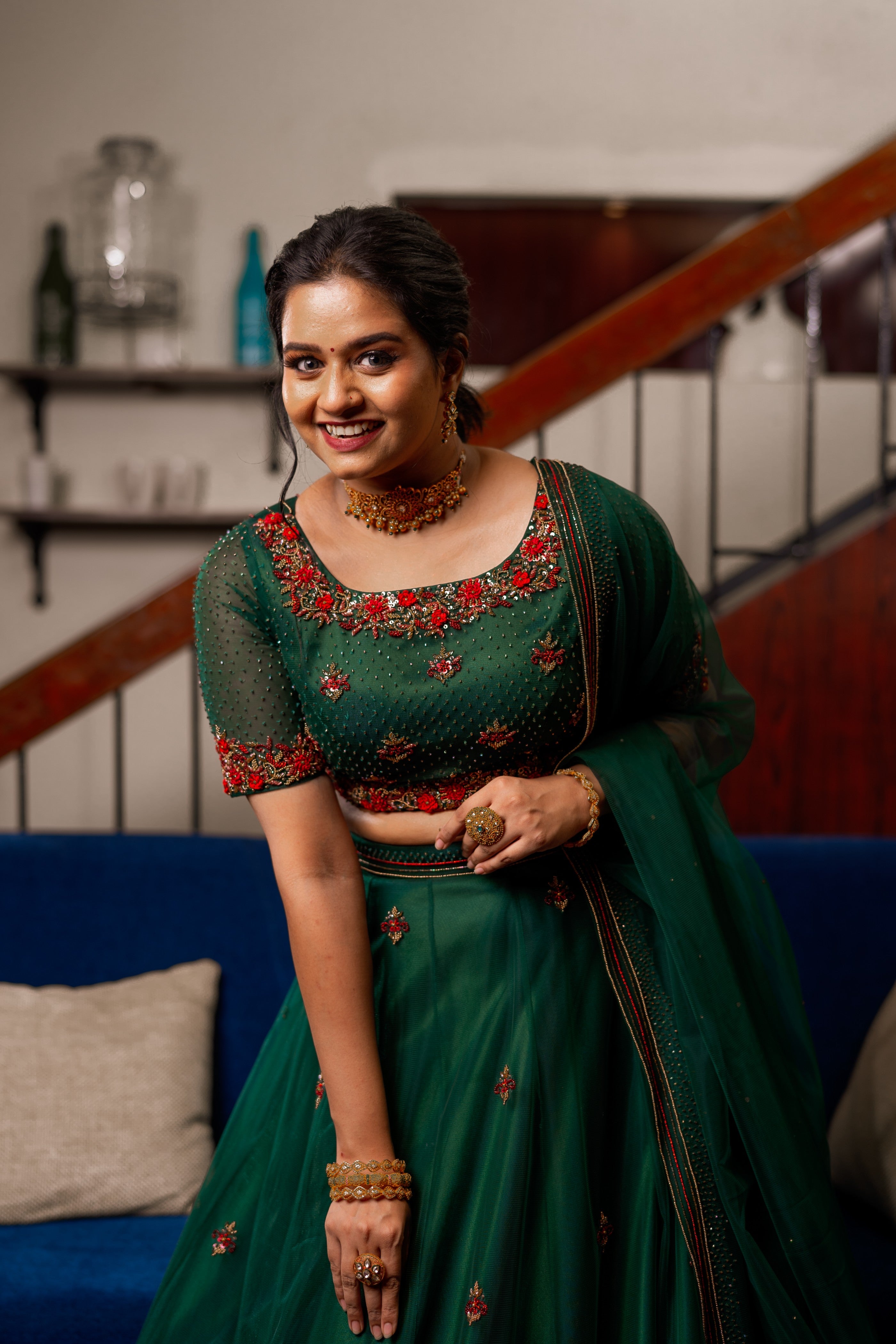 Pine Green Lehenga Detailed with Contrast Red French Knots & Golden Embroidery