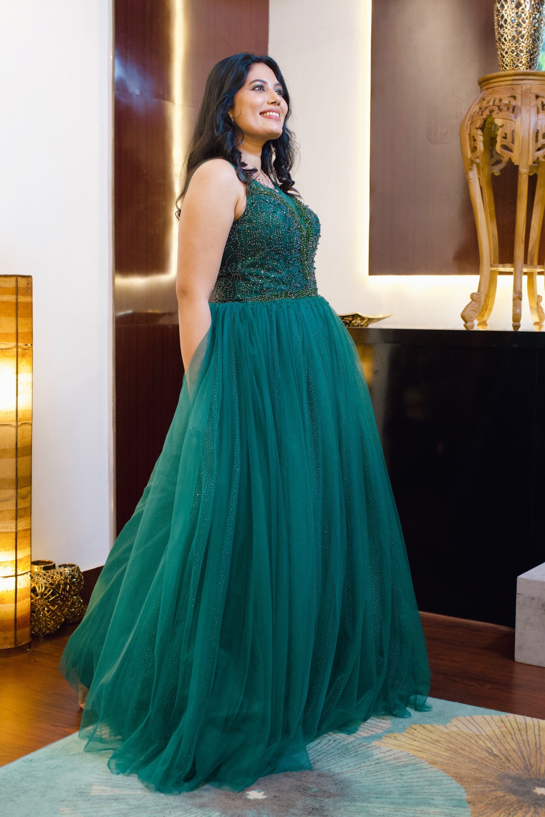 Evening Tulle Gown With Self Stone Hand Embroidery