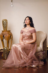 Beaver Brown Evening Gown With Golden Embroidery