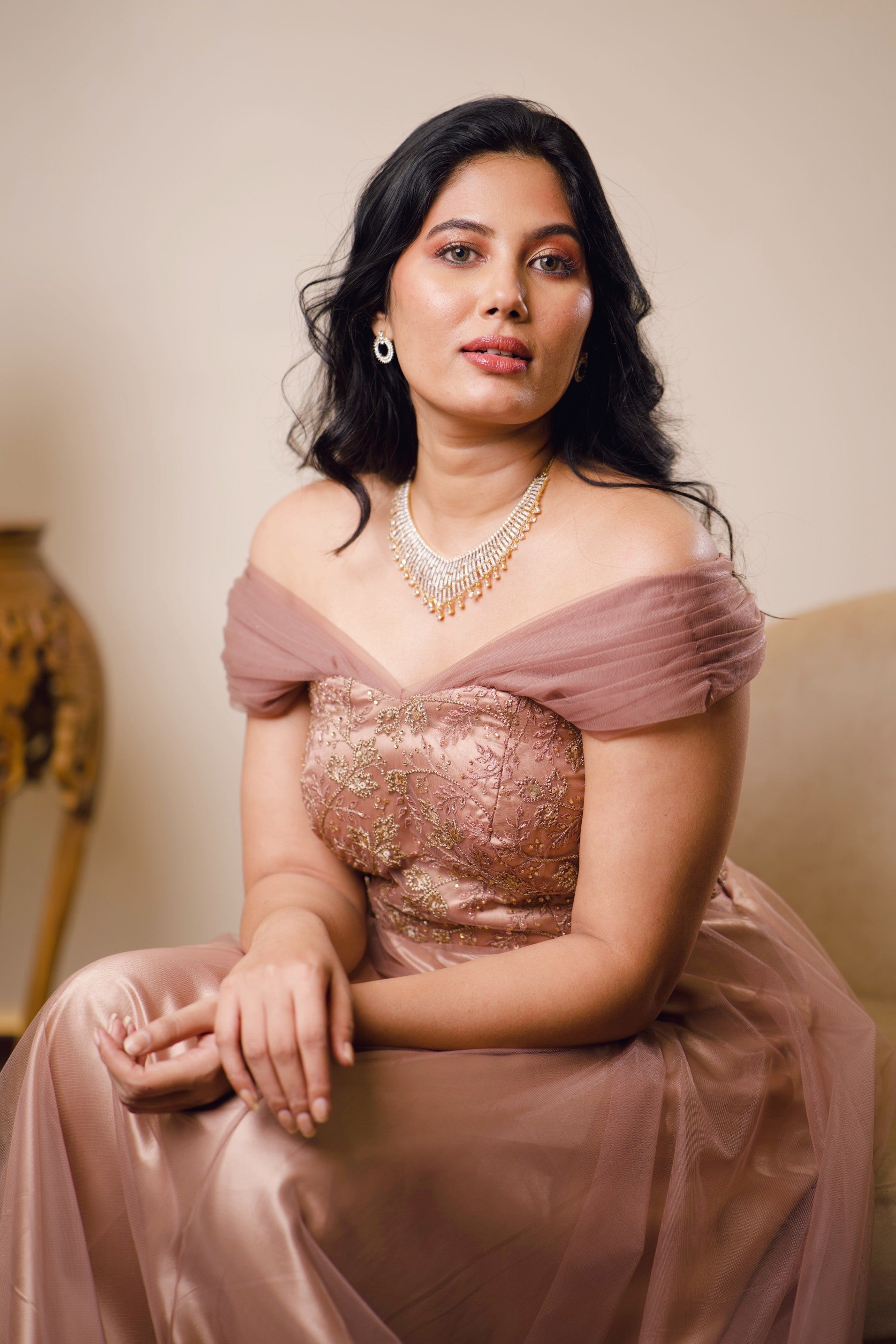 Beaver Brown Evening Gown With Golden Embroidery