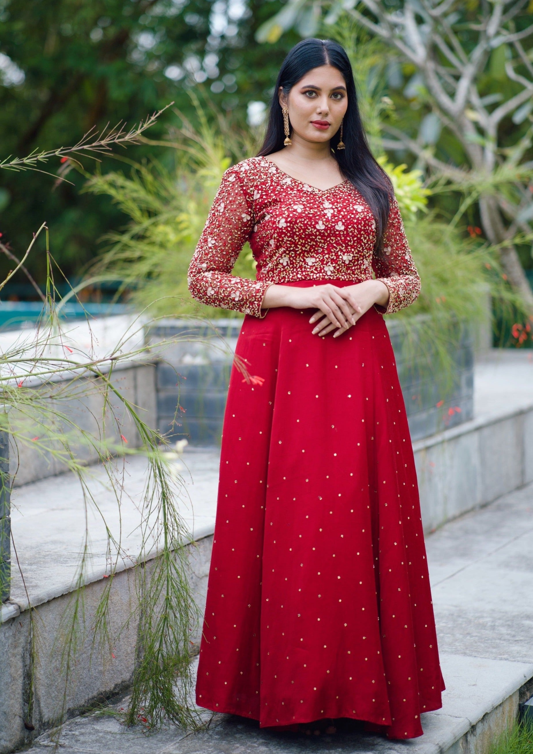 Ruby Red A-Line Gown Detailed With Golden Handwork Embroidery