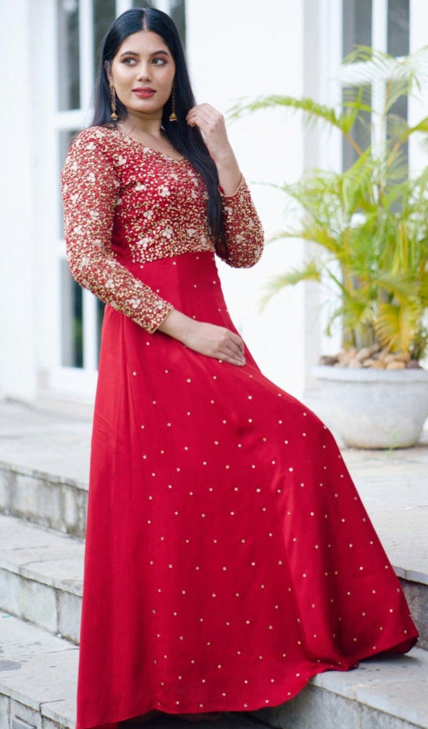 Ruby Red A-Line Gown Detailed With Golden Handwork Embroidery