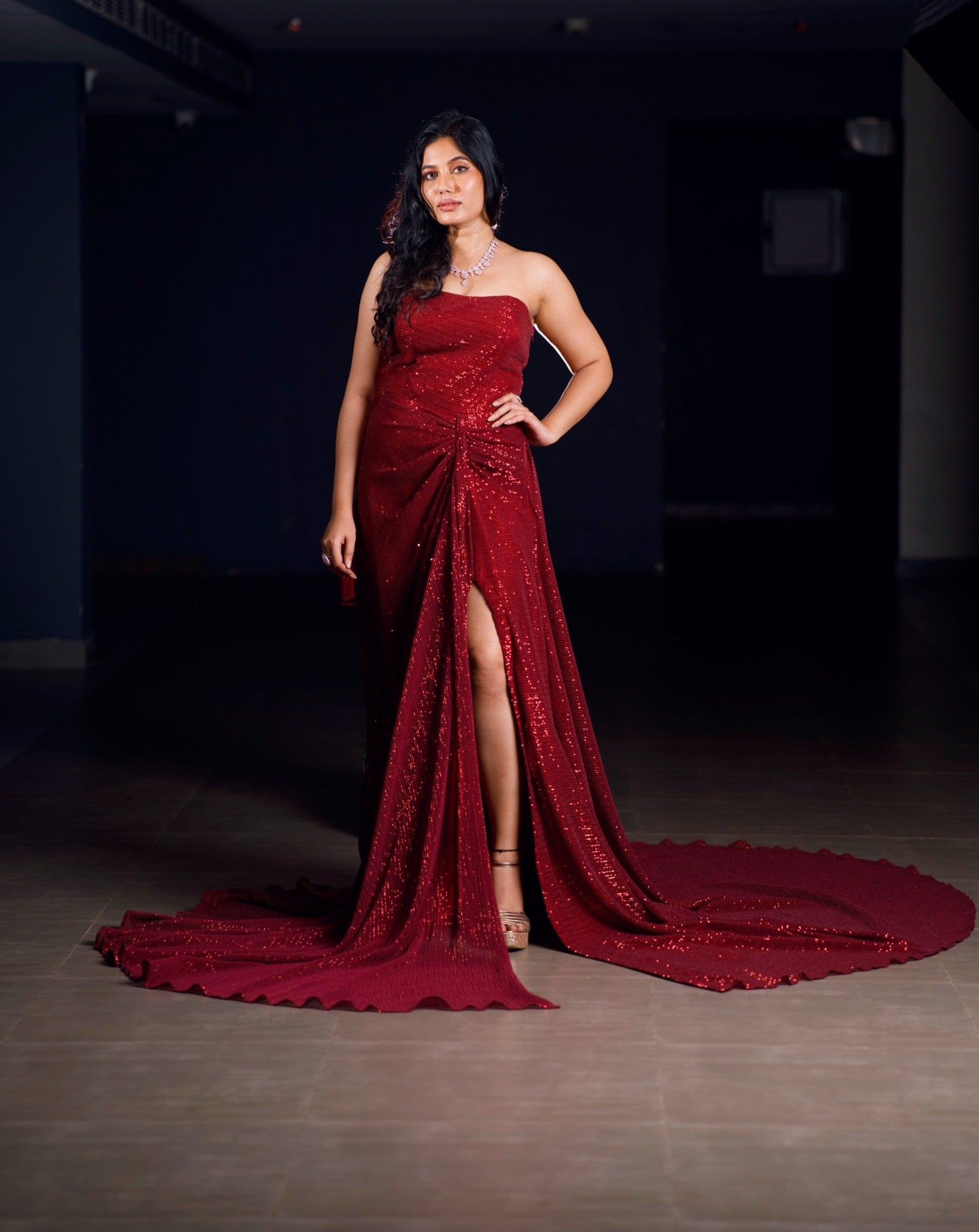Garnet Red Cocktail Sequence Gown