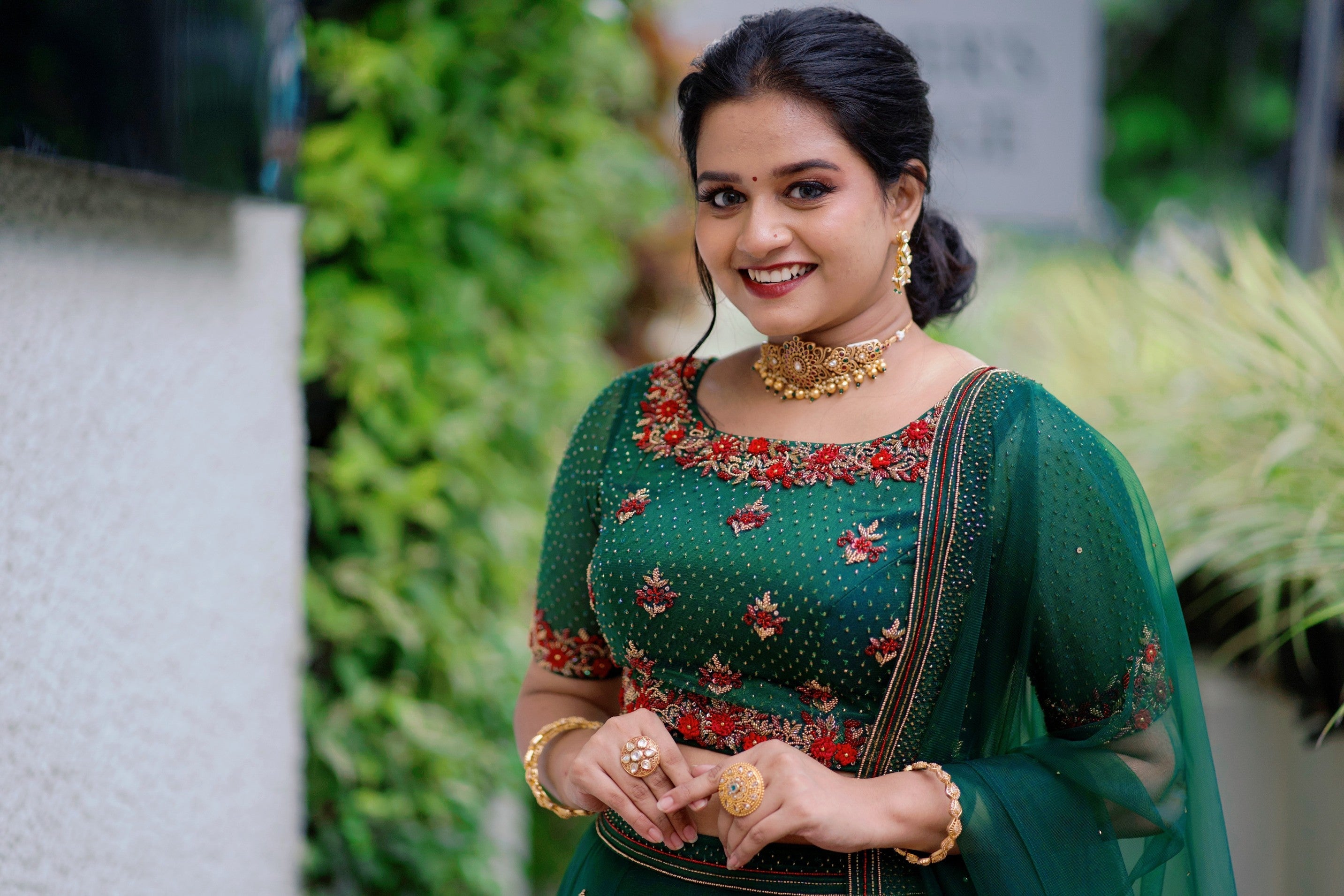 Pine Green Lehenga Detailed with Contrast Red French Knots & Golden Embroidery
