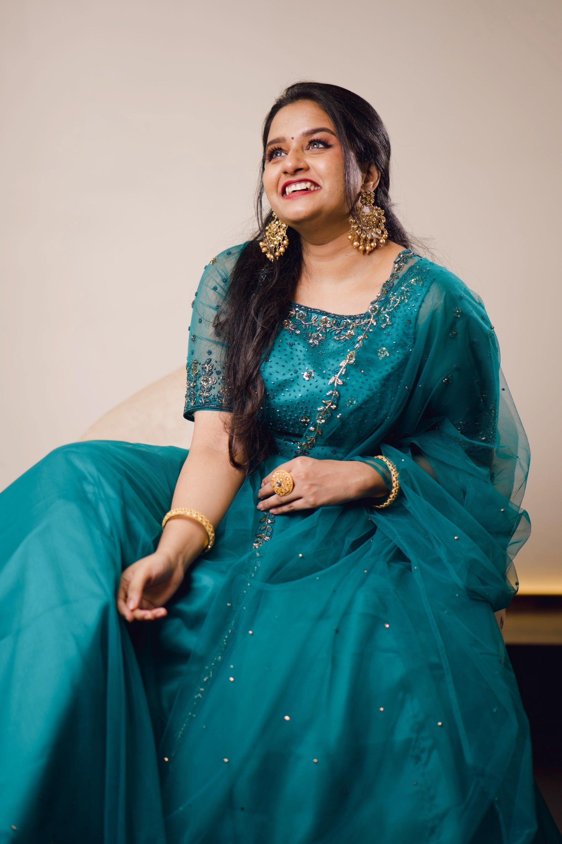 Teal Blue Lehenga Detailed with Antique Gold Embroidery