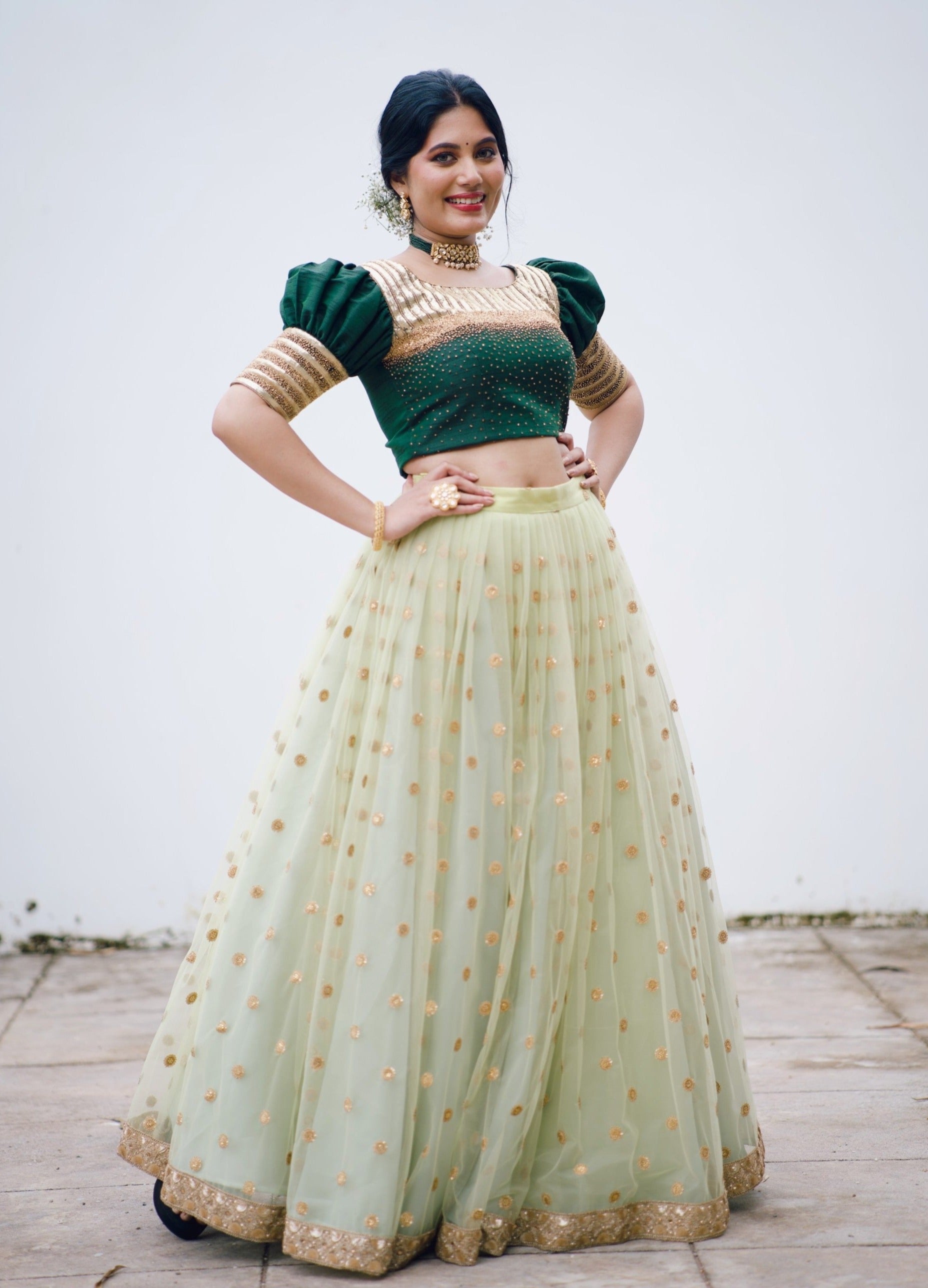 Forest / Pastel Green Lehenga Detailed with Golden Bead Hand Work