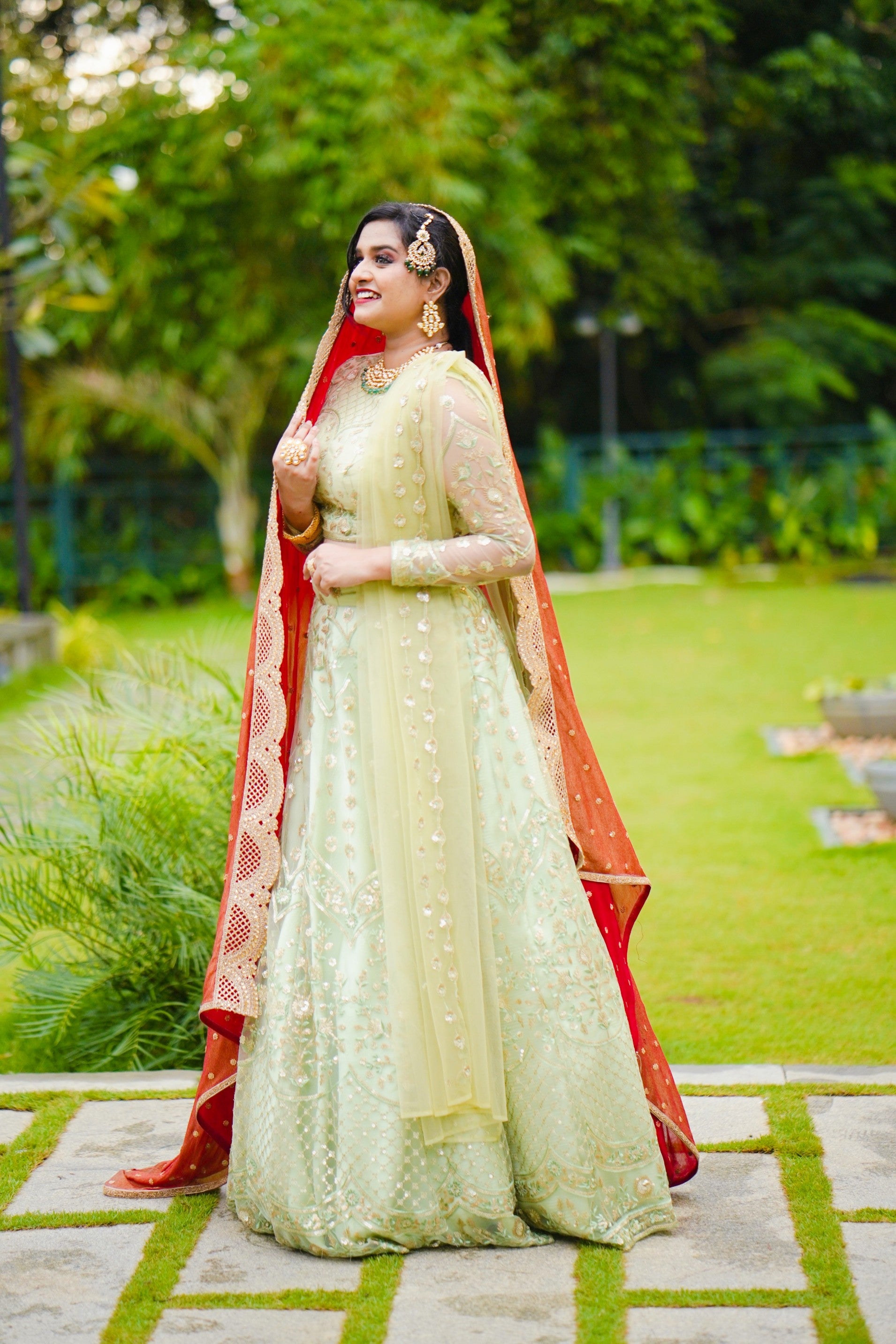 Pastel Green/ Red Bridal Lehenga Detailed with Light Gold Embroidery XL