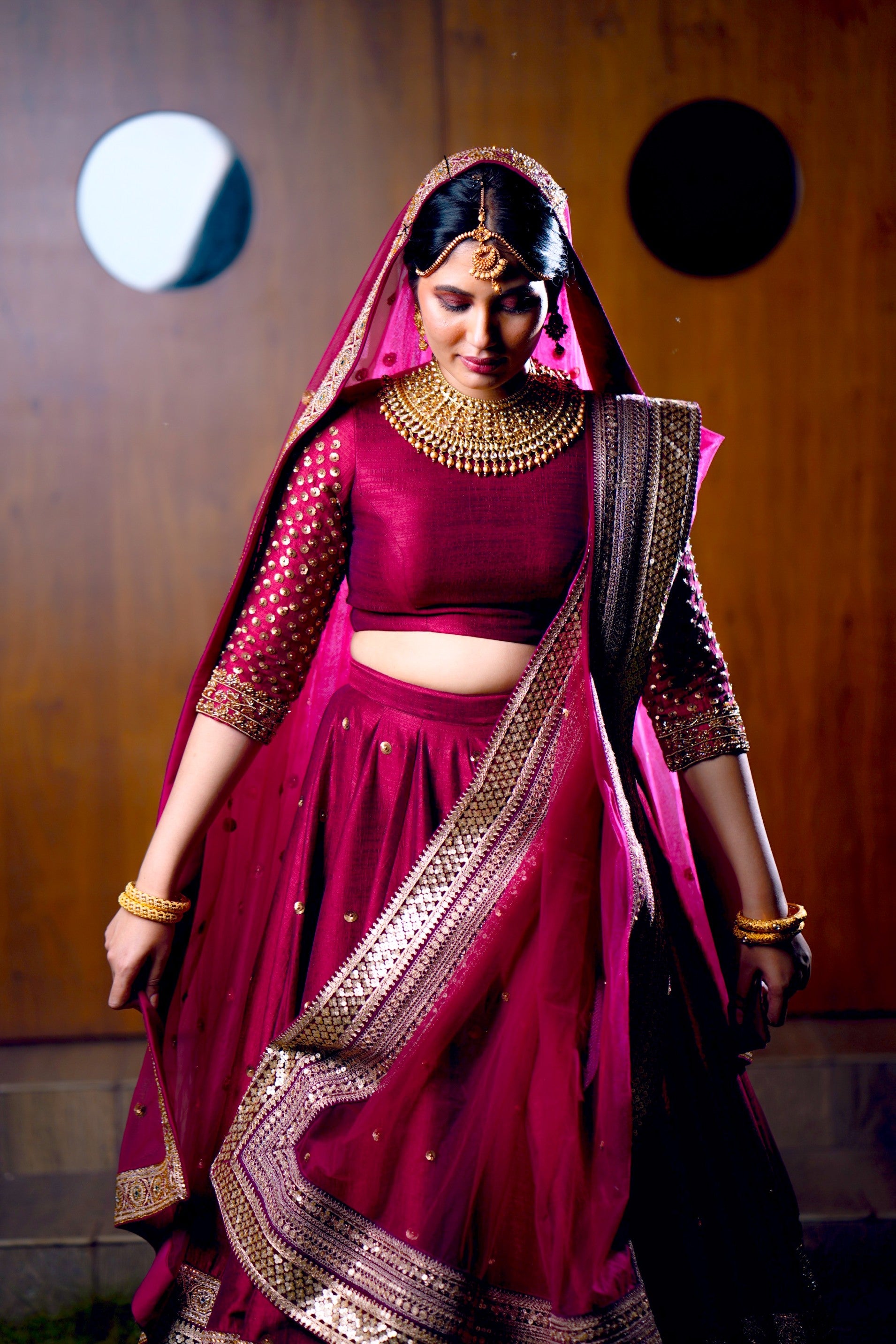 Heavy Bridal Ruby Pink Lehenga Detailed with Golden Hand Work