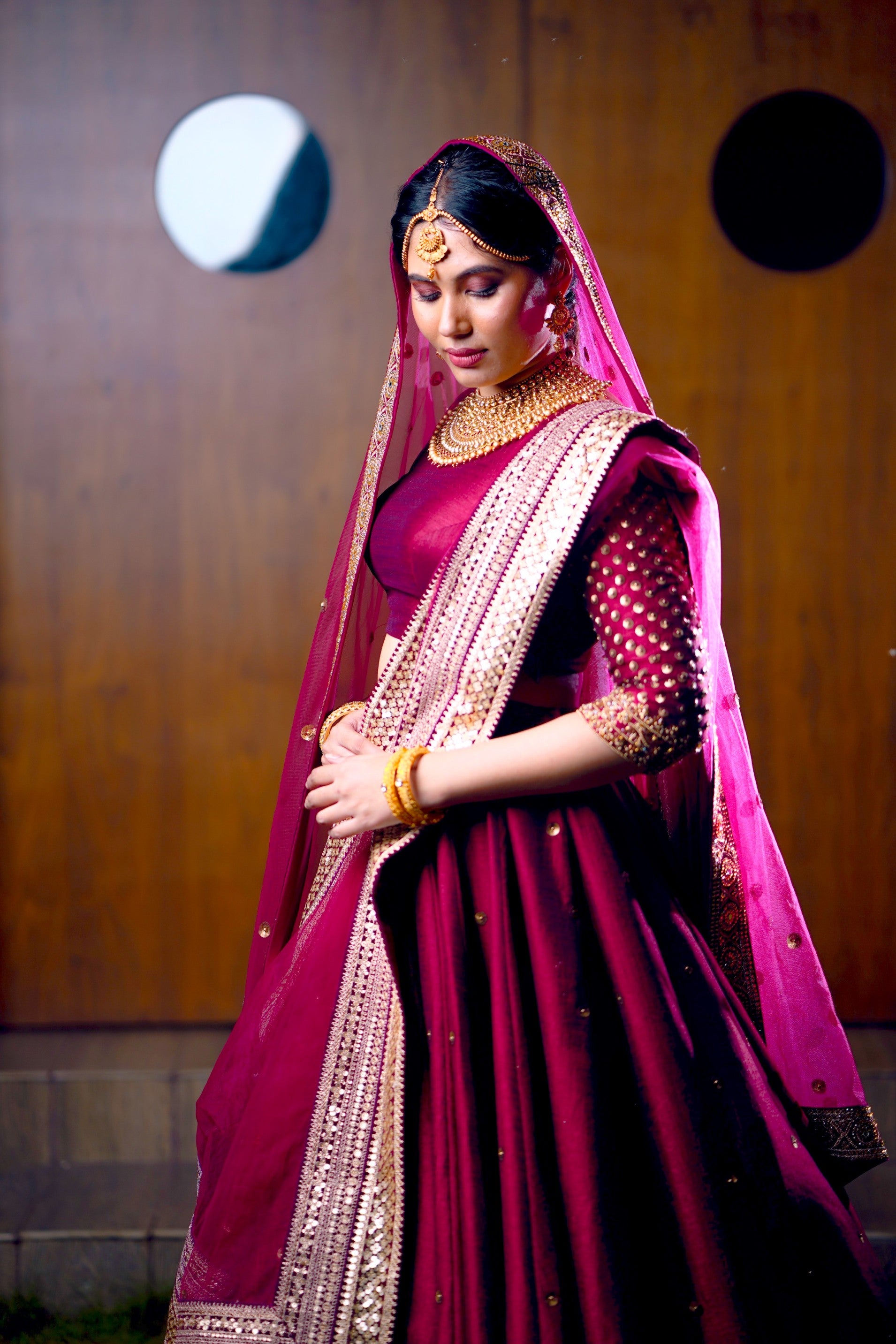 Heavy Bridal Ruby Pink Lehenga Detailed with Golden Hand Work